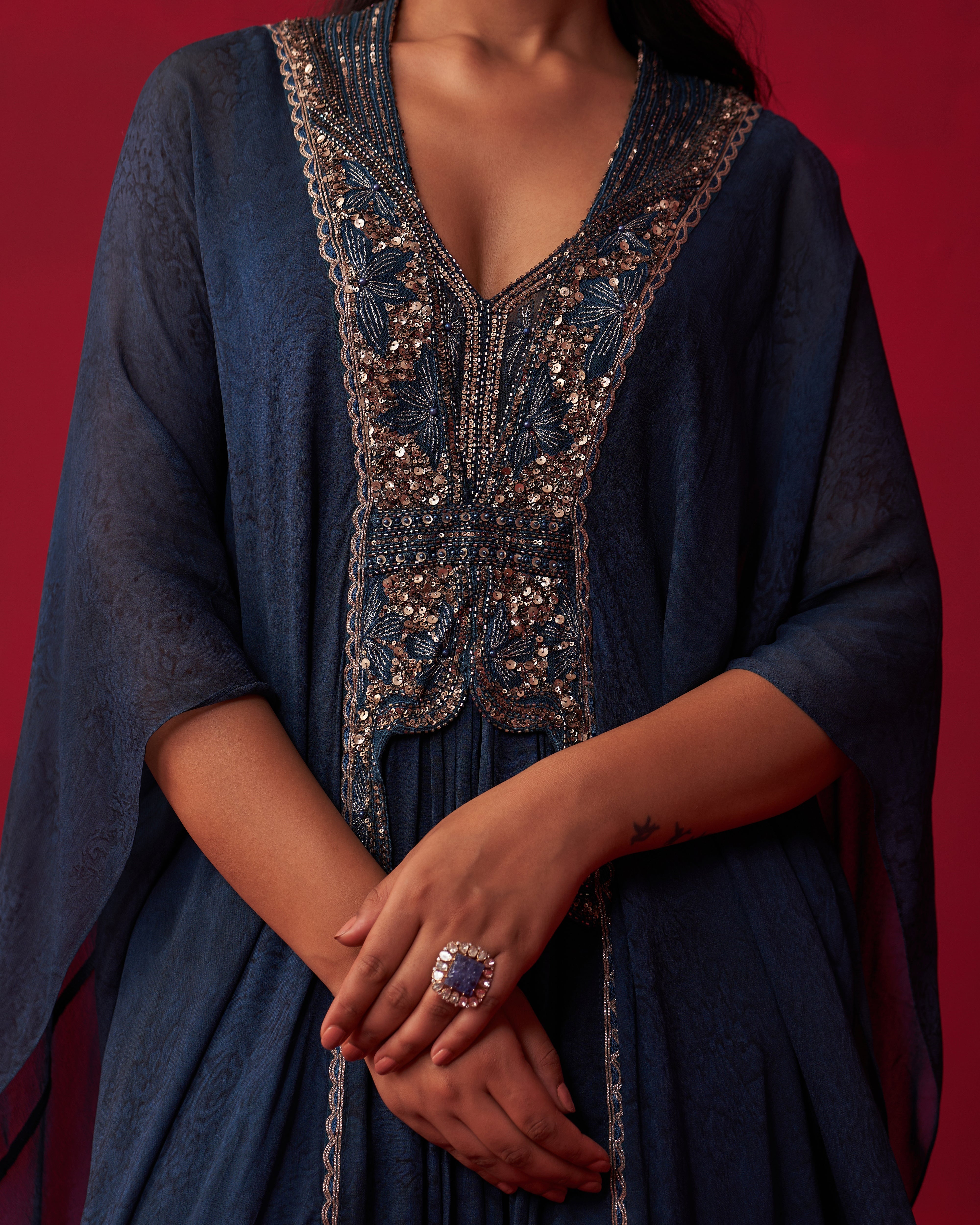 Blue Georgette Draped Top and Skirt Set