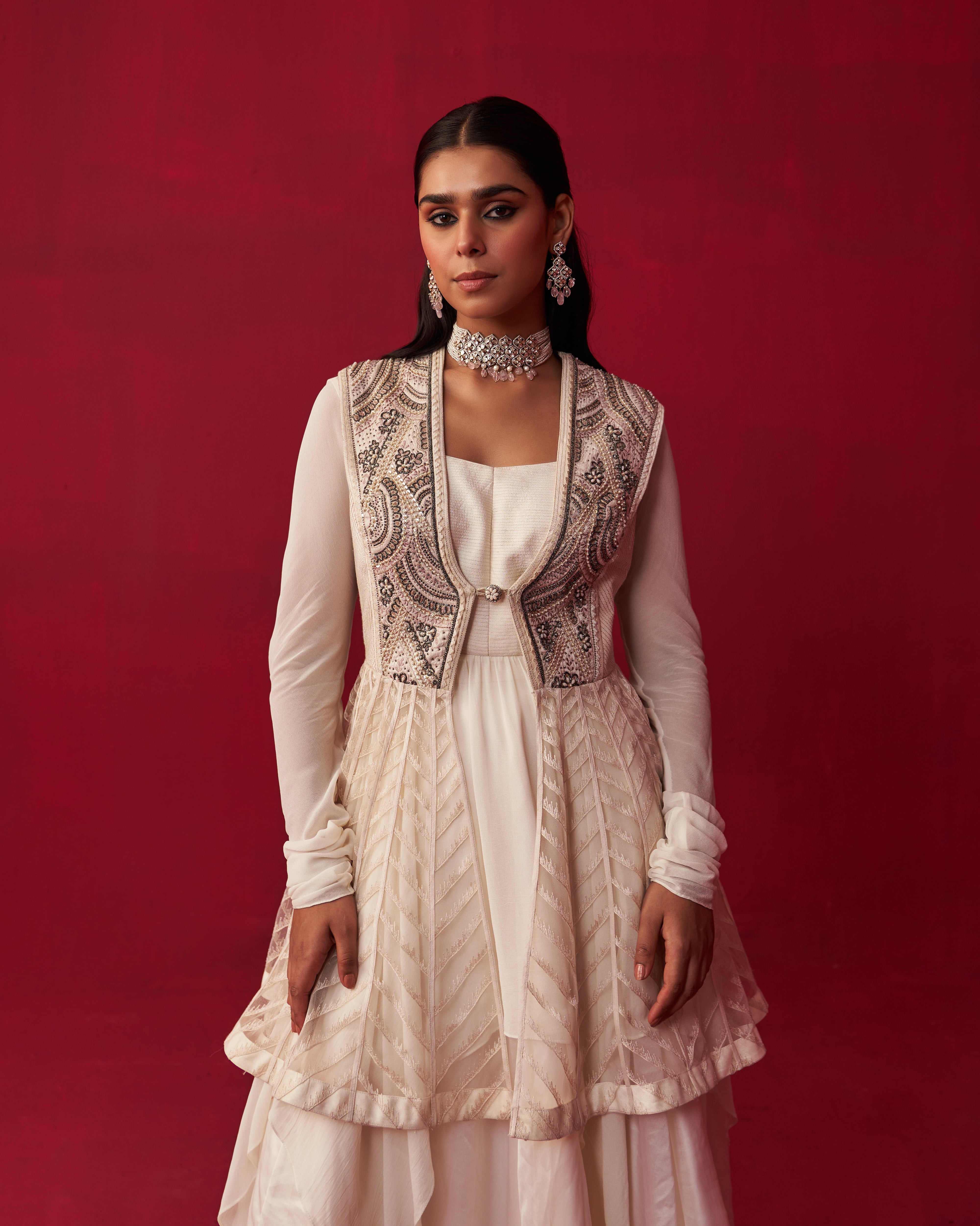Ivory Mandala Jacket, Top and Skirt Set
