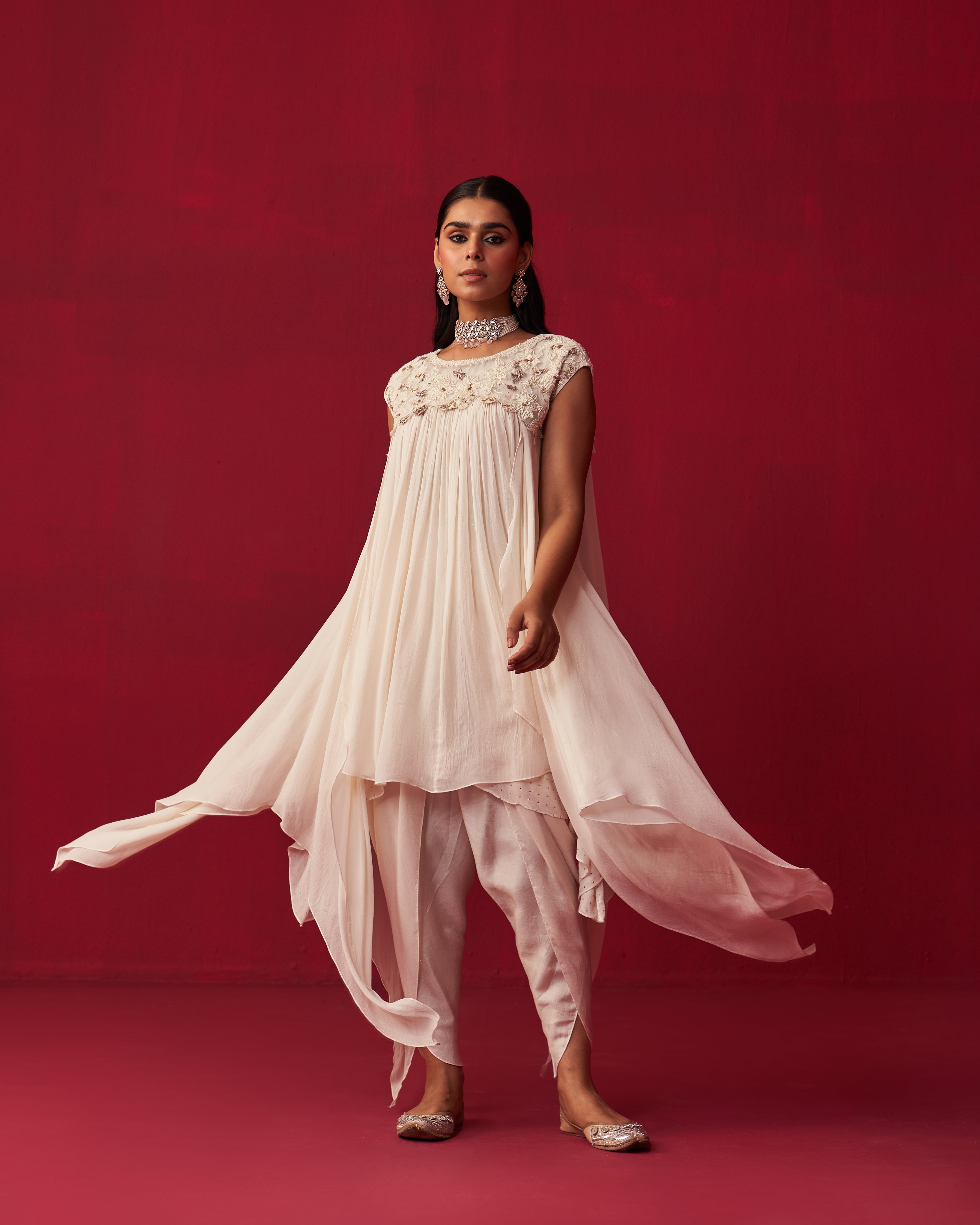 Pixelated Floral Ivory Kurta, Jacket, and Dhoti set