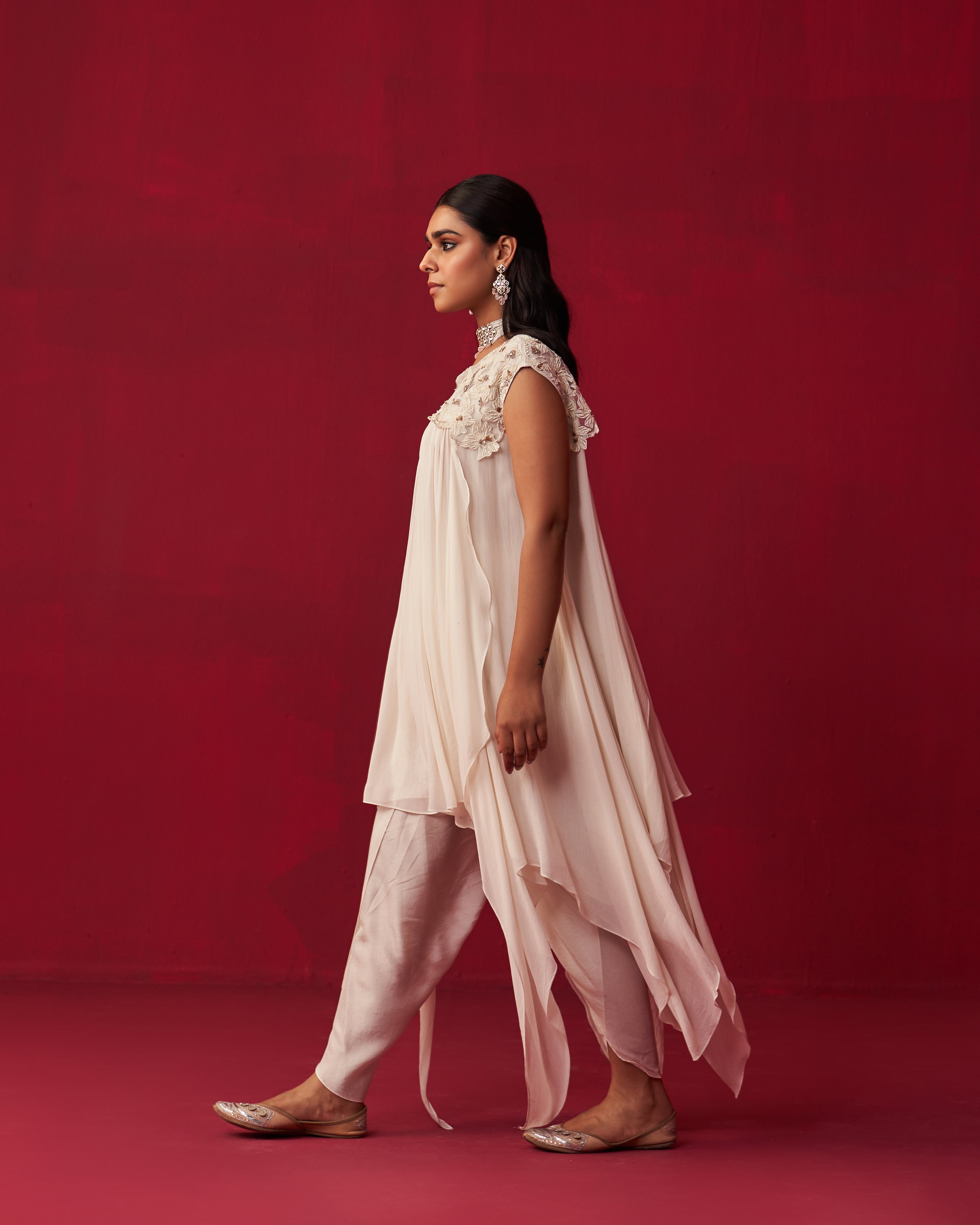 Pixelated Floral Ivory Kurta, Jacket, and Dhoti set