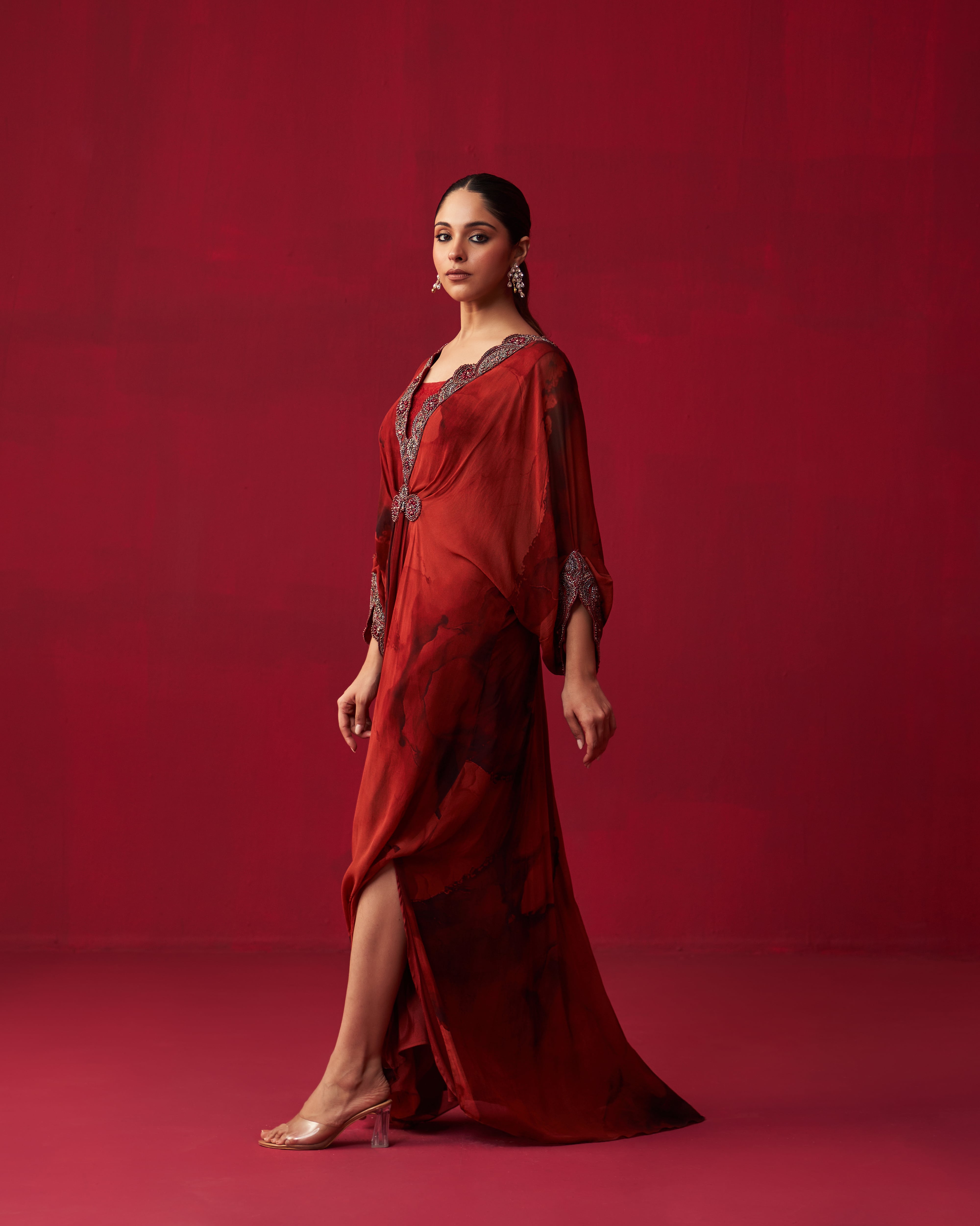 Red Marble Print Mandala Kaftan