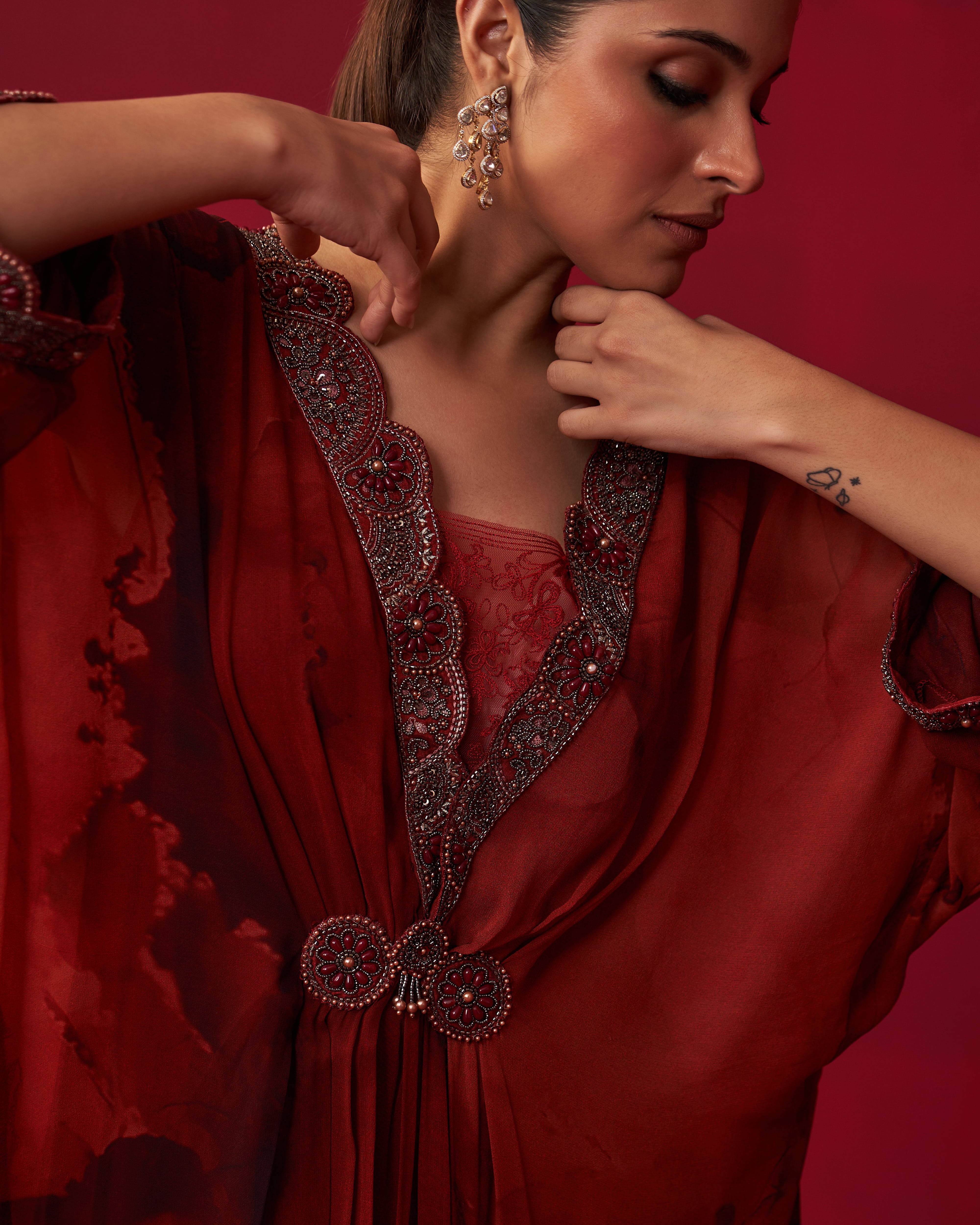 Red Marble Print Draped Kaftan