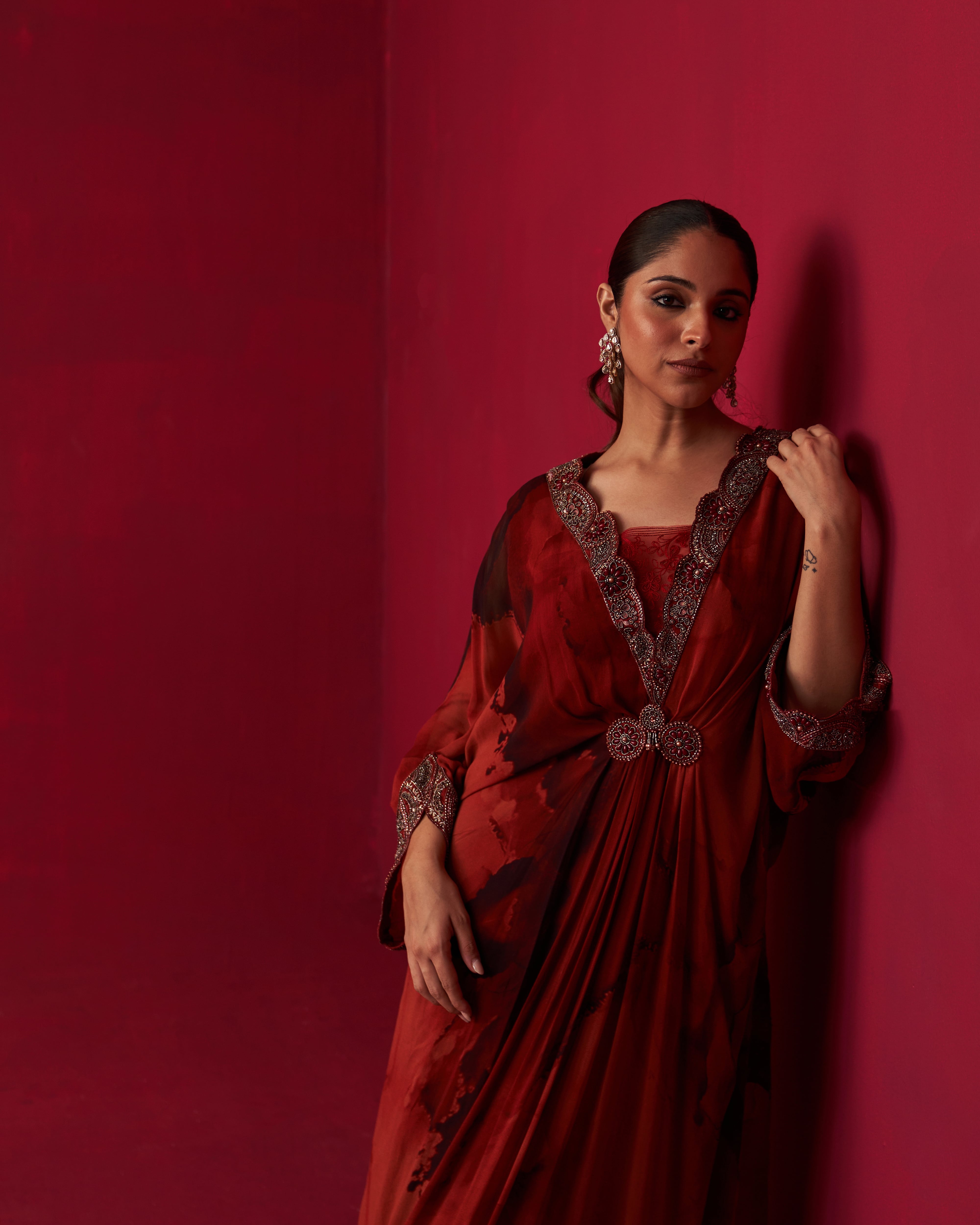 Red Marble Print Dewdrop Draped Kaftan