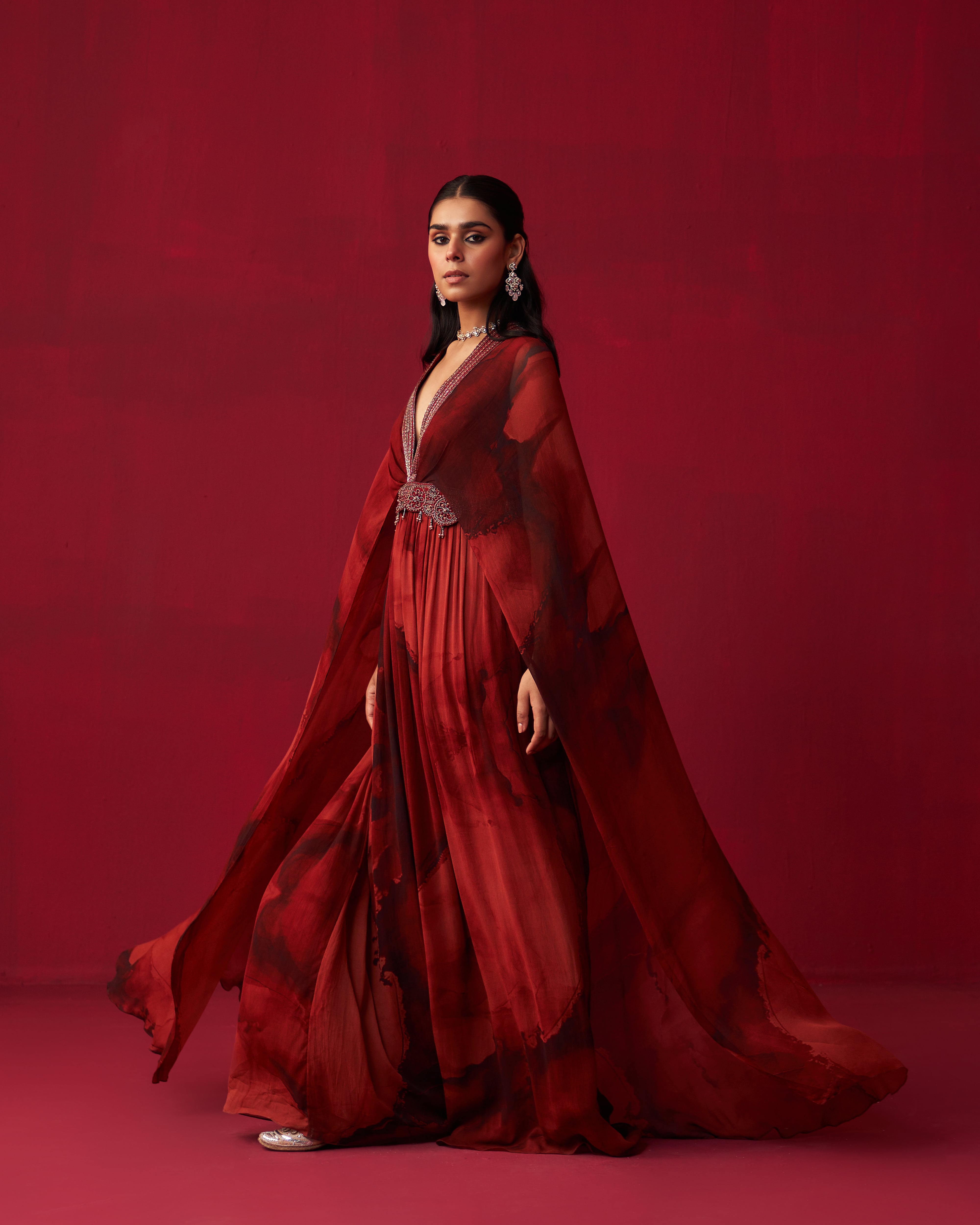 Red Marble Print Draped Kaftan
