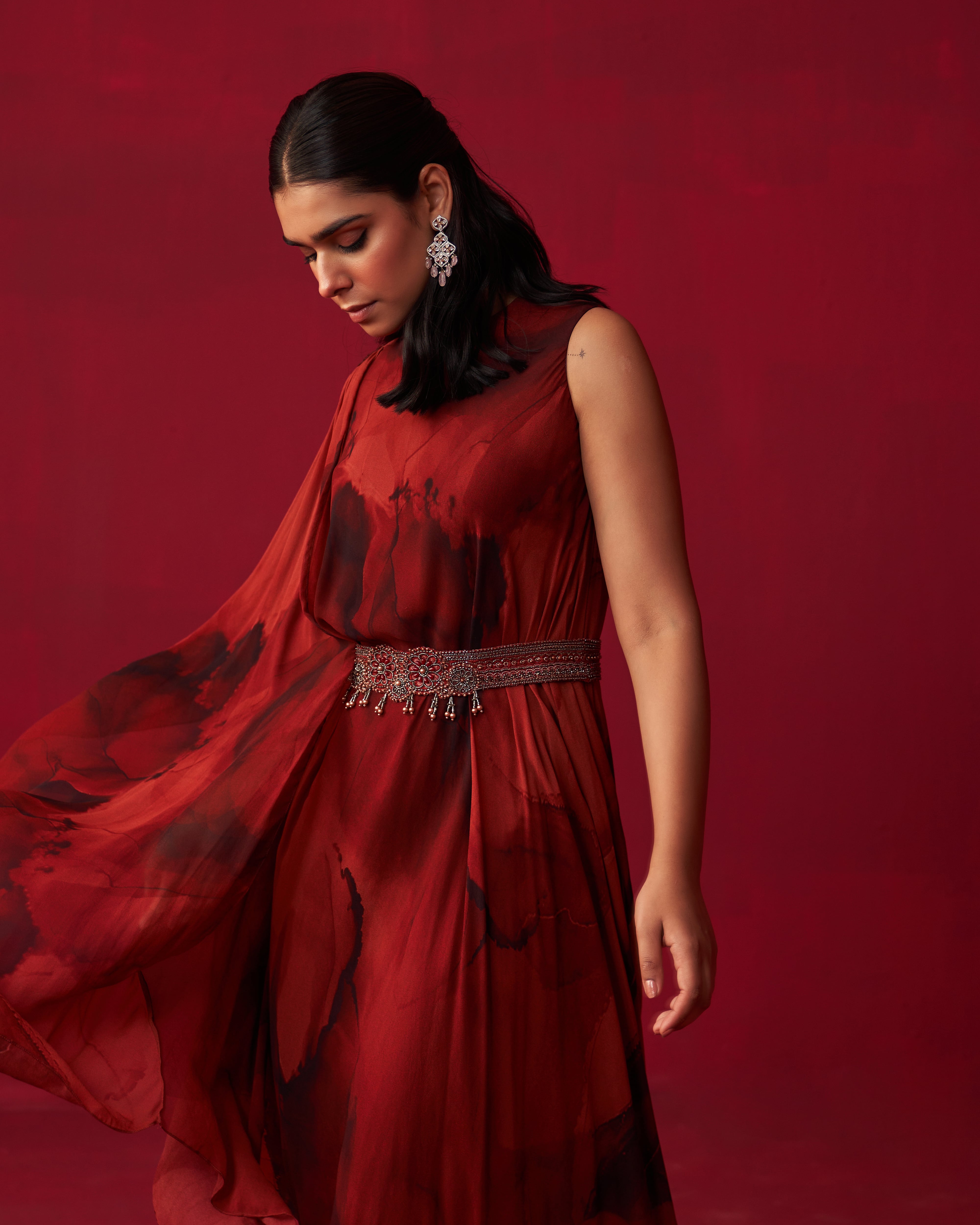 Red Marble Print Dewdrop Draped Kaftan