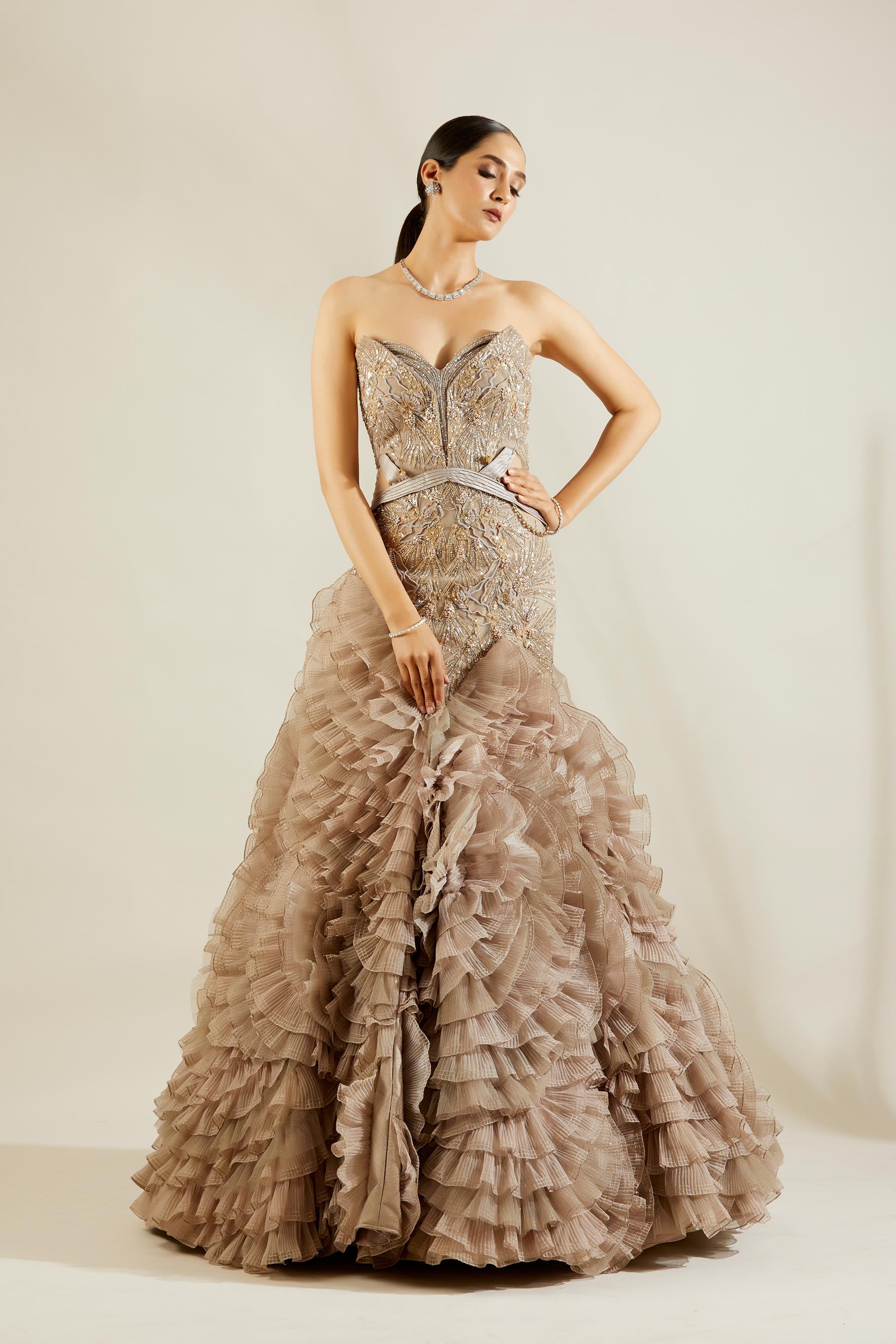 Daisy Shah in Abalone Grey and Gold Evening Gown