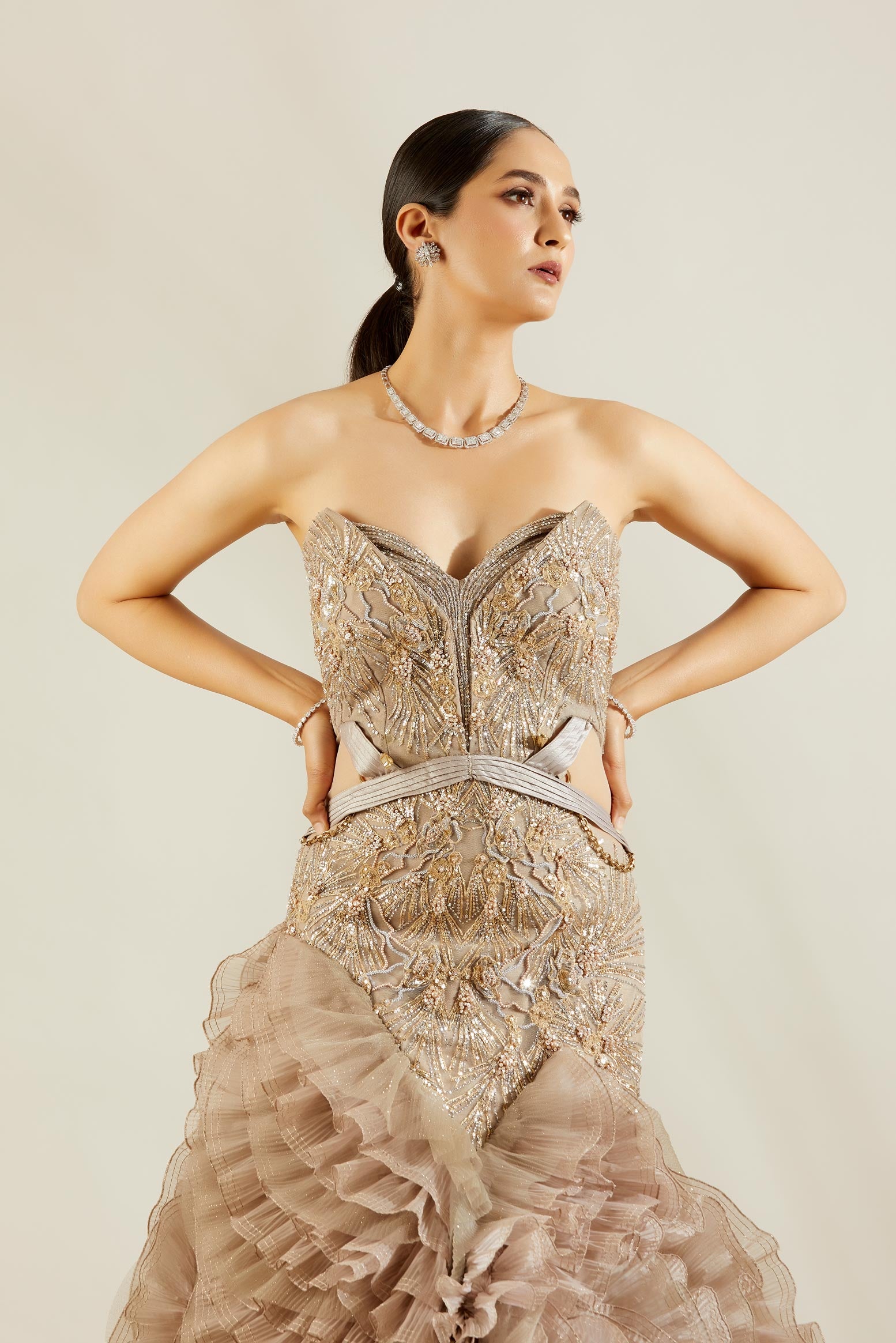 Daisy Shah in Abalone Grey and Gold Evening Gown