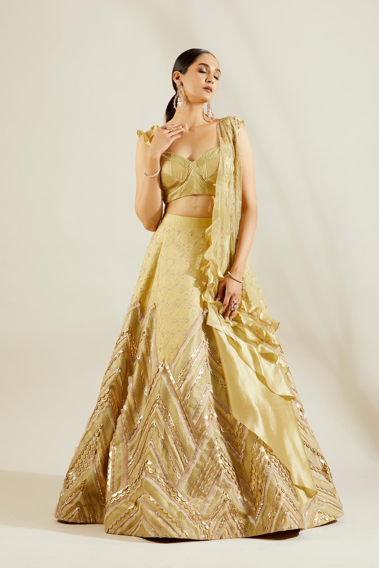 Tea Green Laser Cut Lehenga