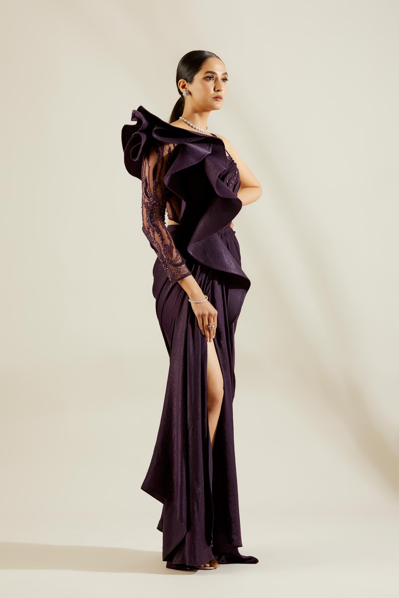 Purple One off Shoulder Saree Gown