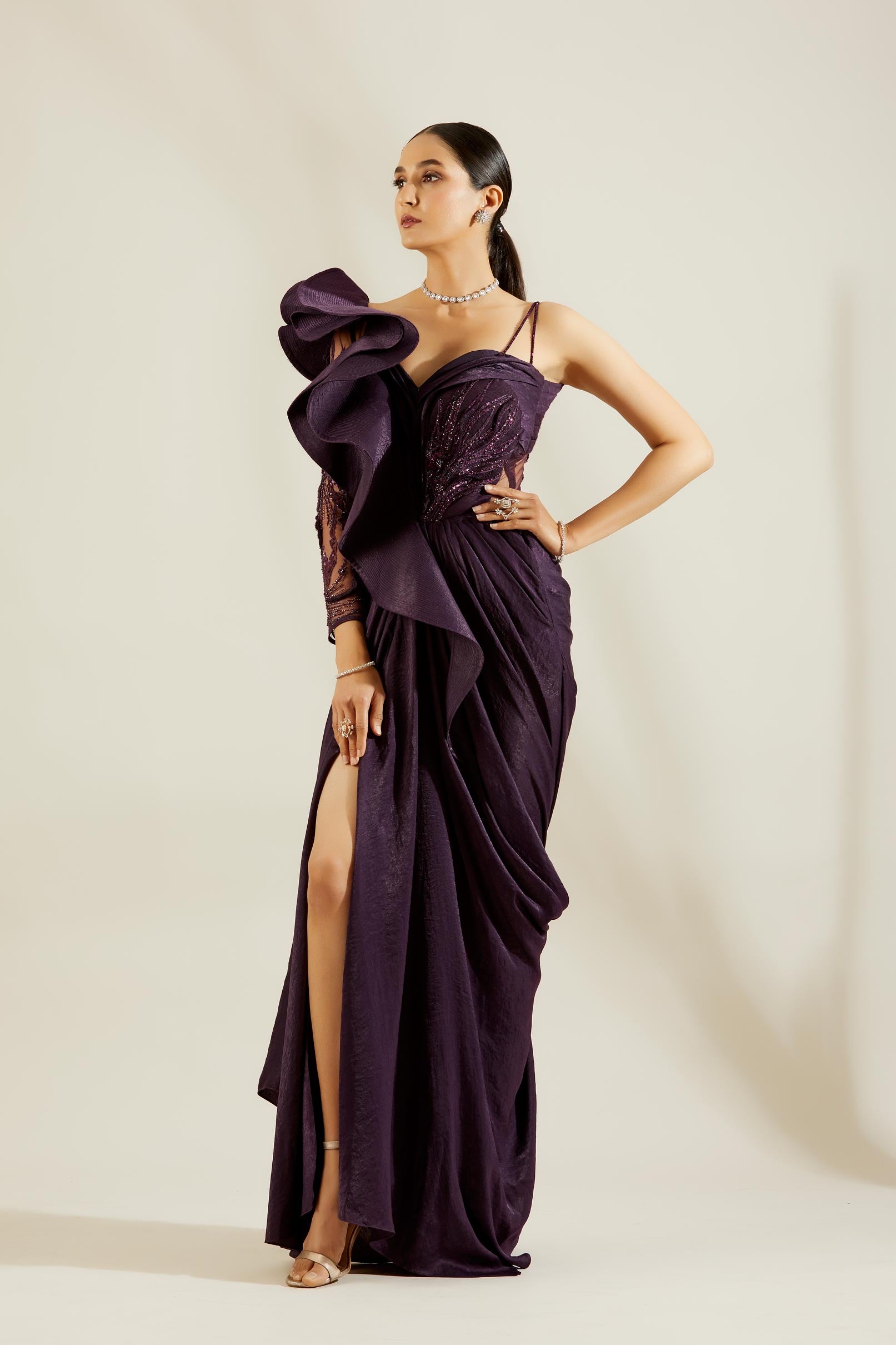 Purple One off Shoulder Saree Gown