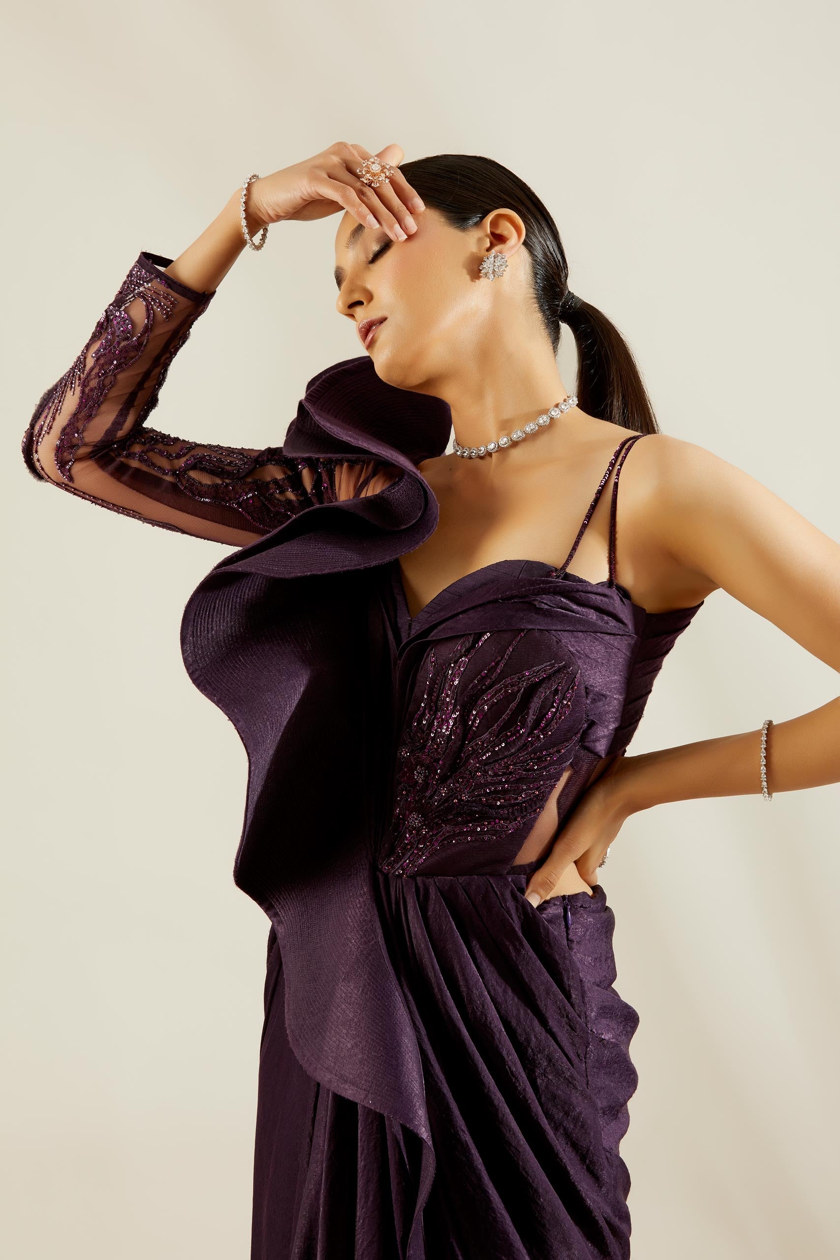 Purple One off Shoulder Saree Gown