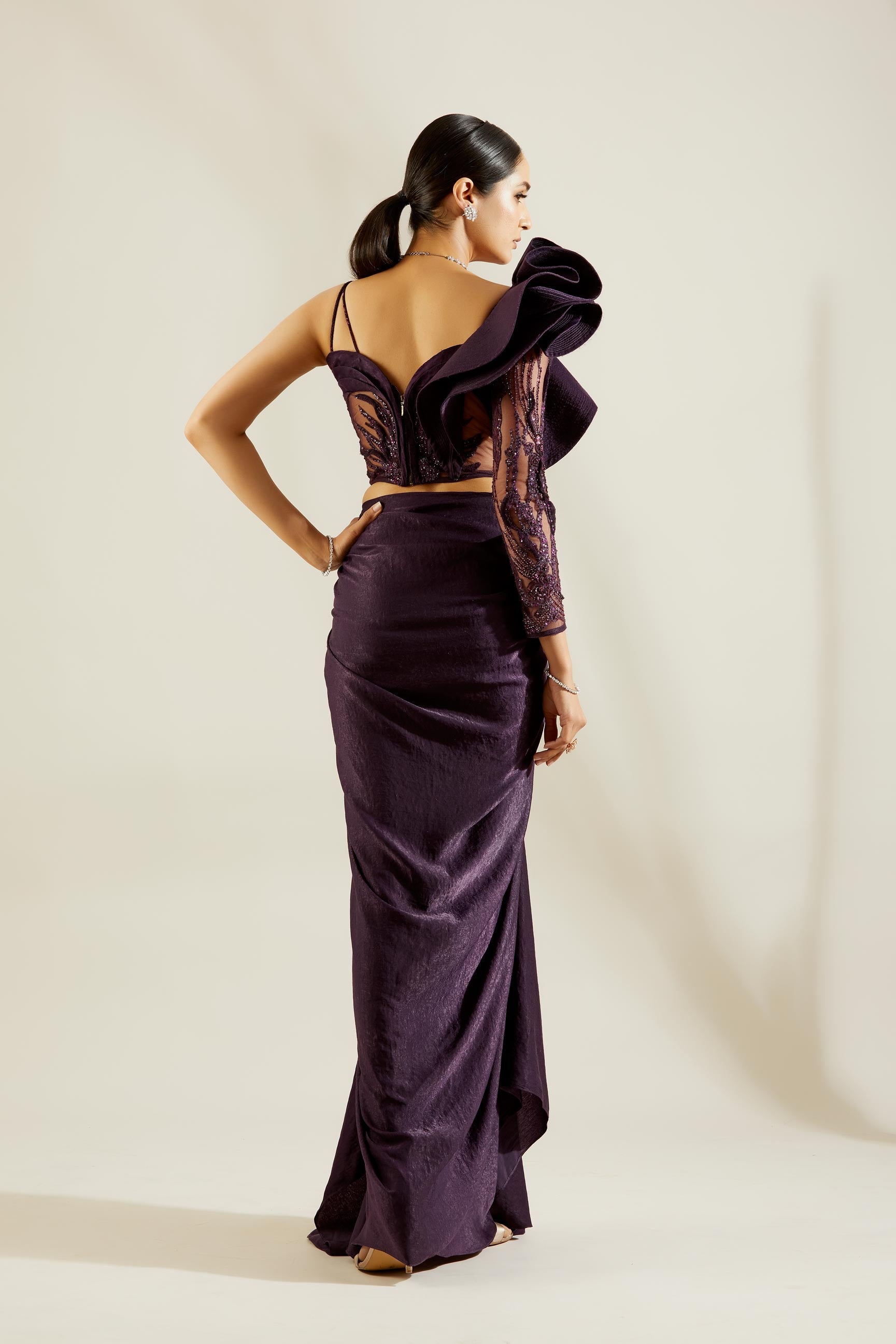 Purple One off Shoulder Saree Gown