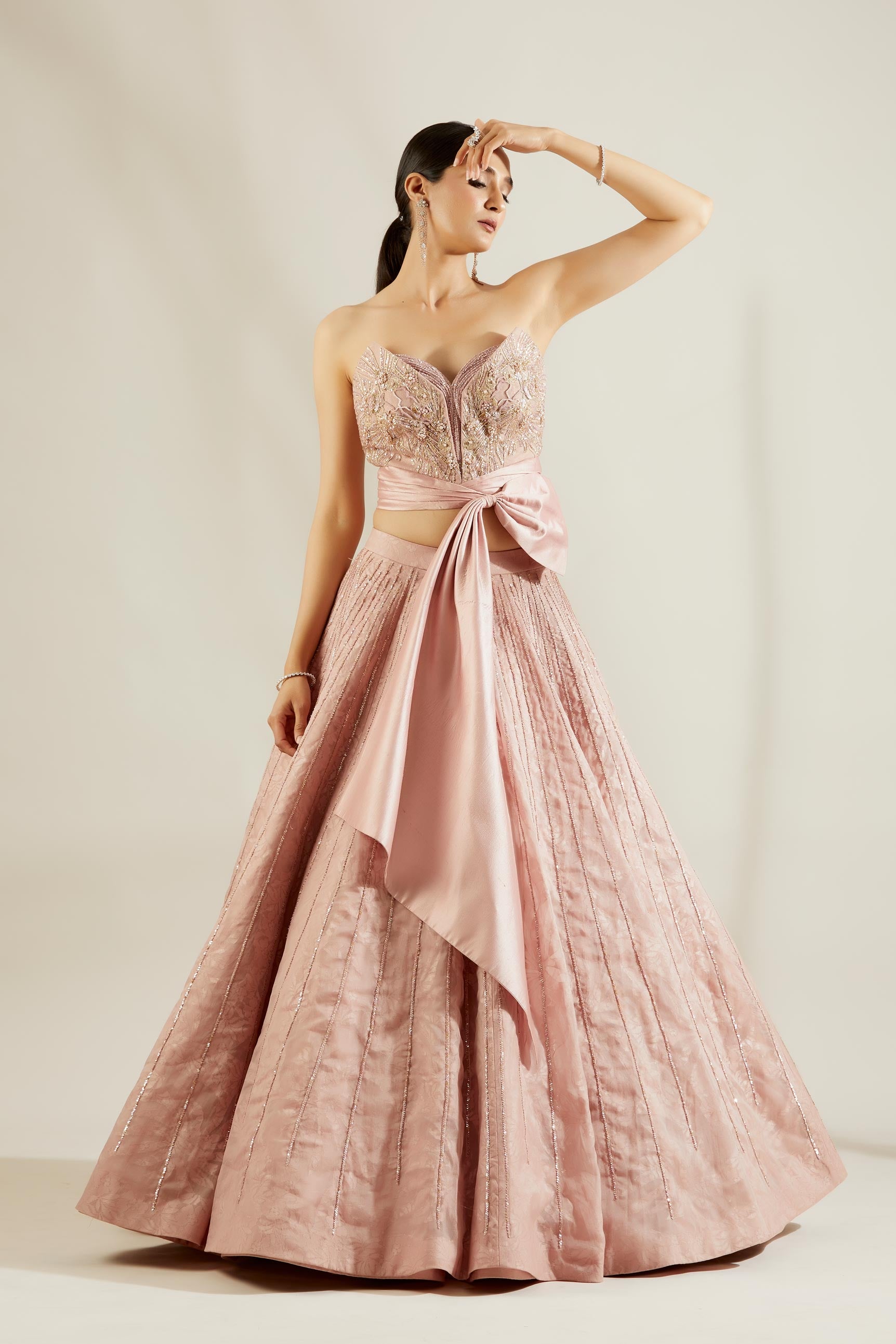 Lavender Corset Bow Blouse With Skirt
