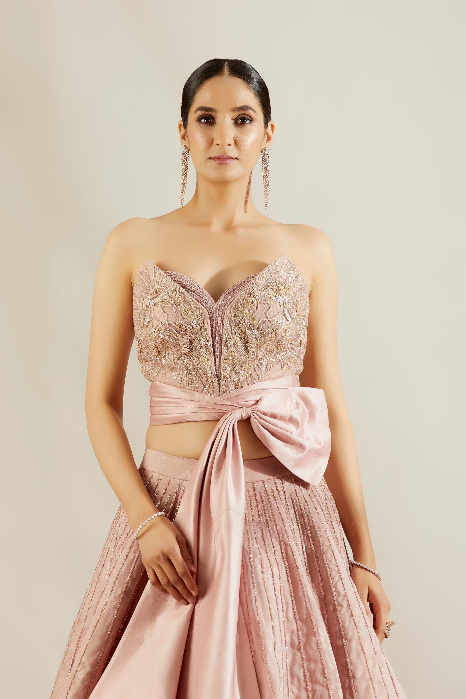 Lavender Corset Bow Blouse With Skirt