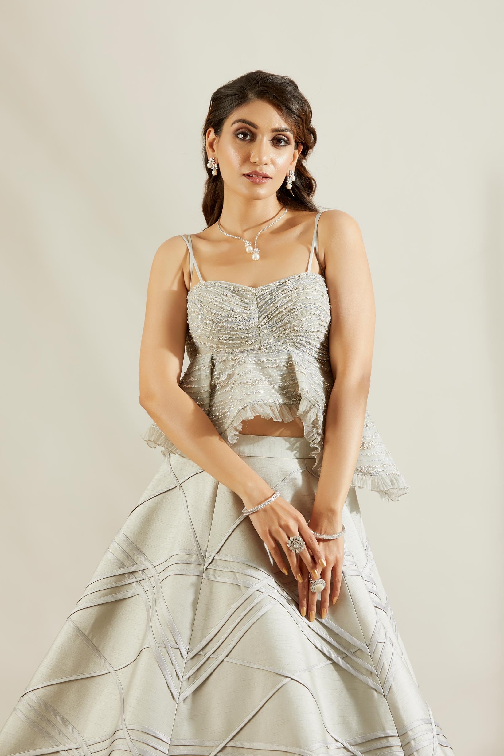 Powder blue lehenga with peplum blouse
