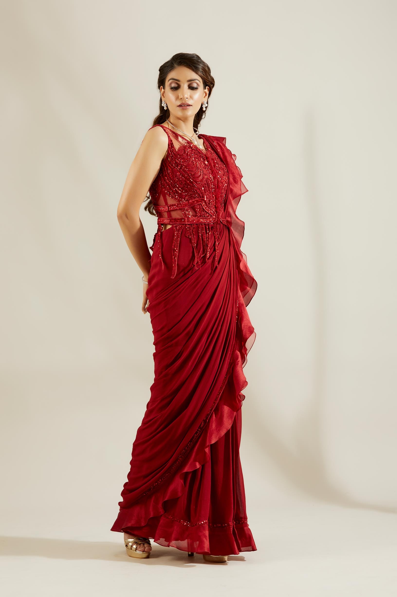 Brill Crimson Pre Draped Saree