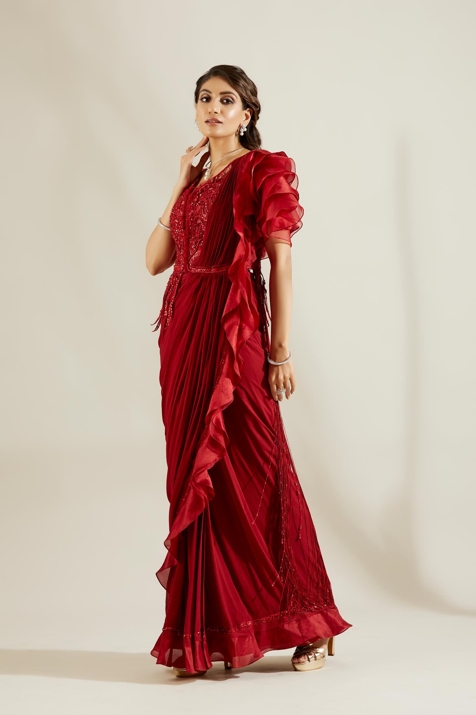 Brill Crimson Pre Draped Saree