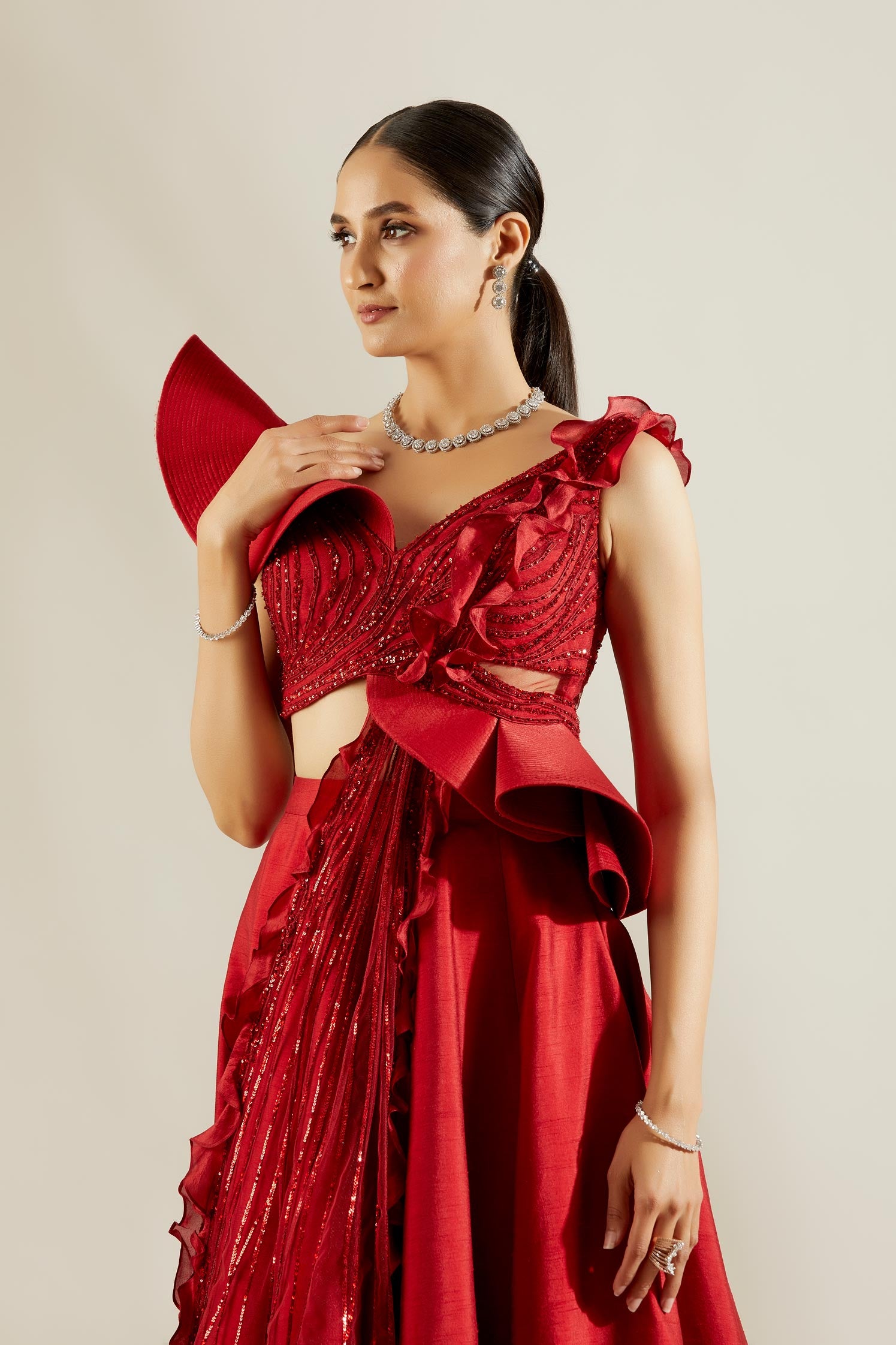 Brill Crimson Sculpted Blouse and Skirt