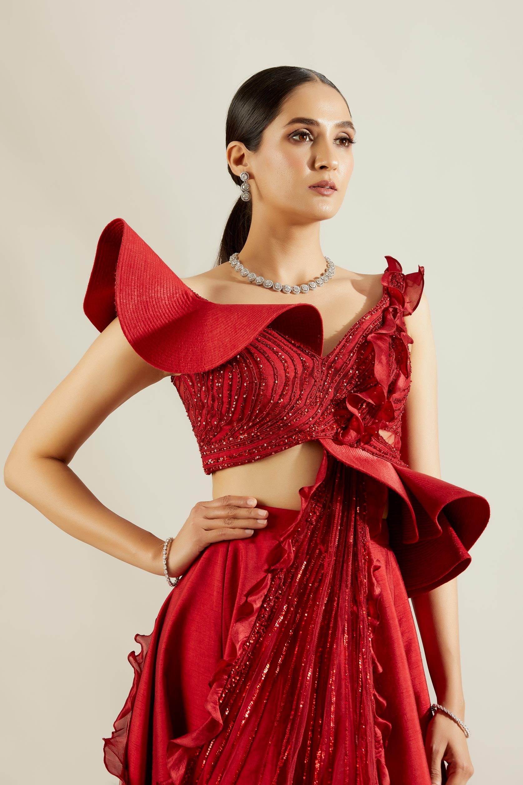 Brill Crimson Sculpted Blouse and Skirt
