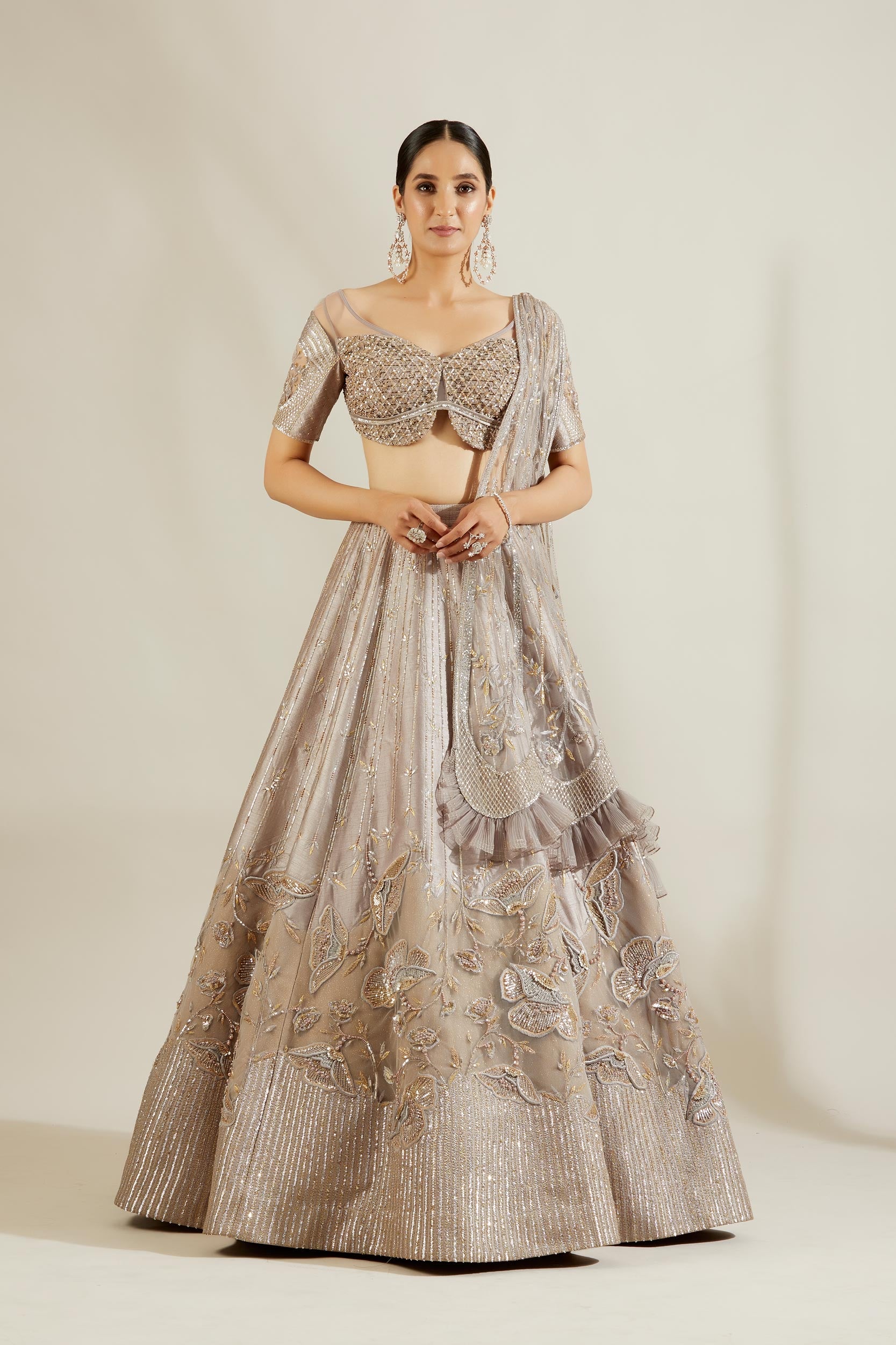 Abalone Grey Gold Floral Lehenga