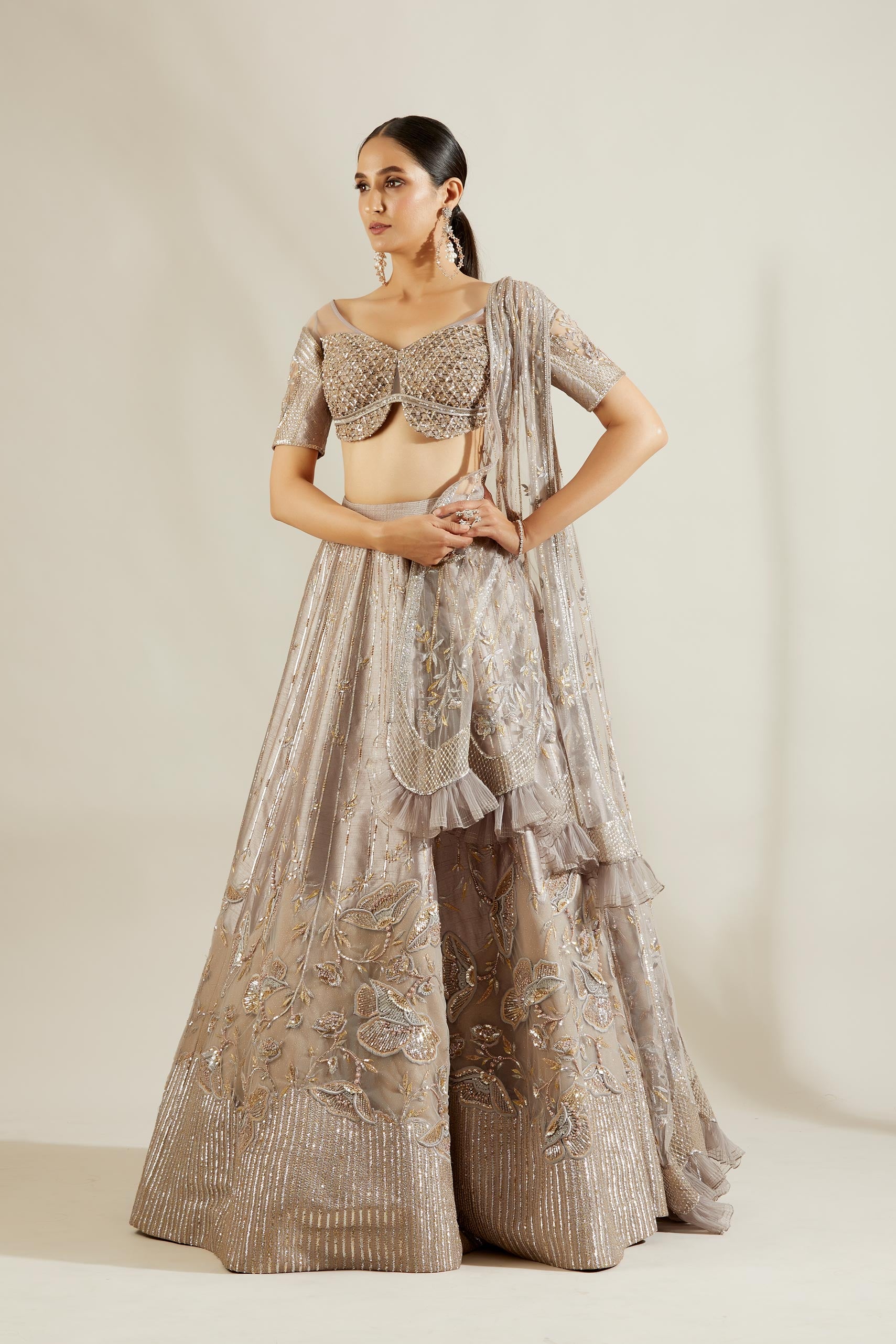 Abalone Grey Gold Floral Lehenga