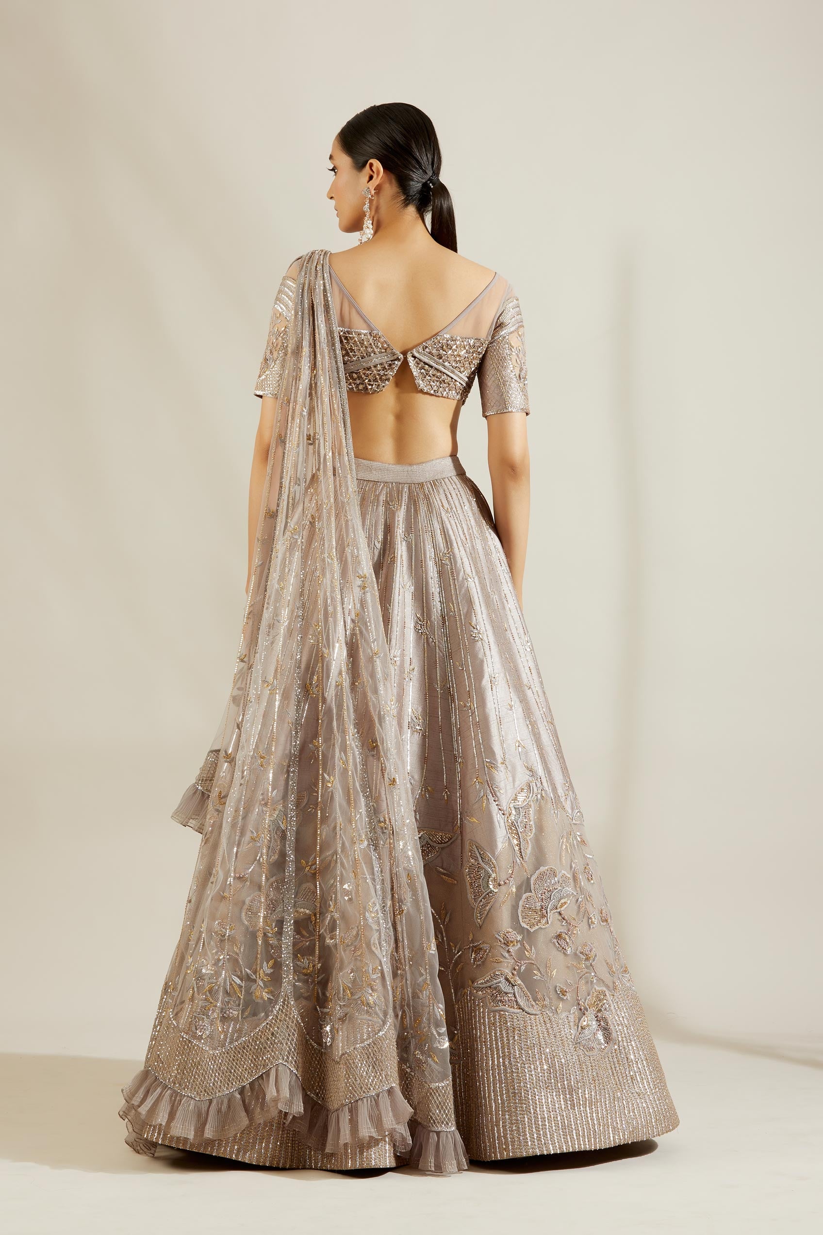Abalone Grey Gold Floral Lehenga