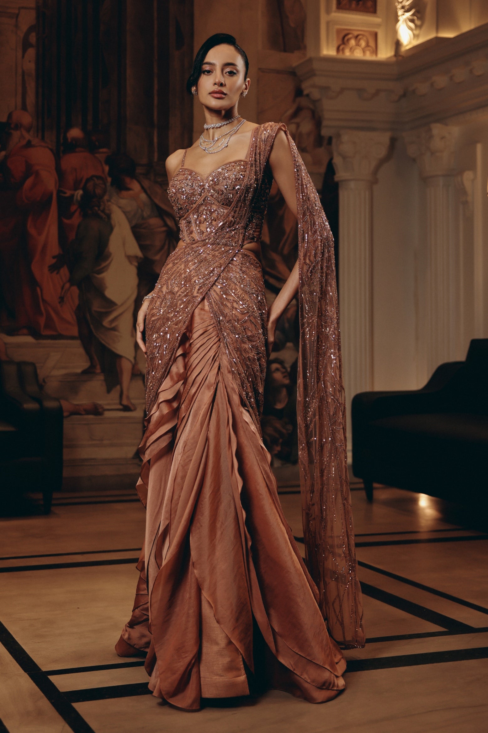 ROSE GOLD DRAPED RUFFLE SAREE