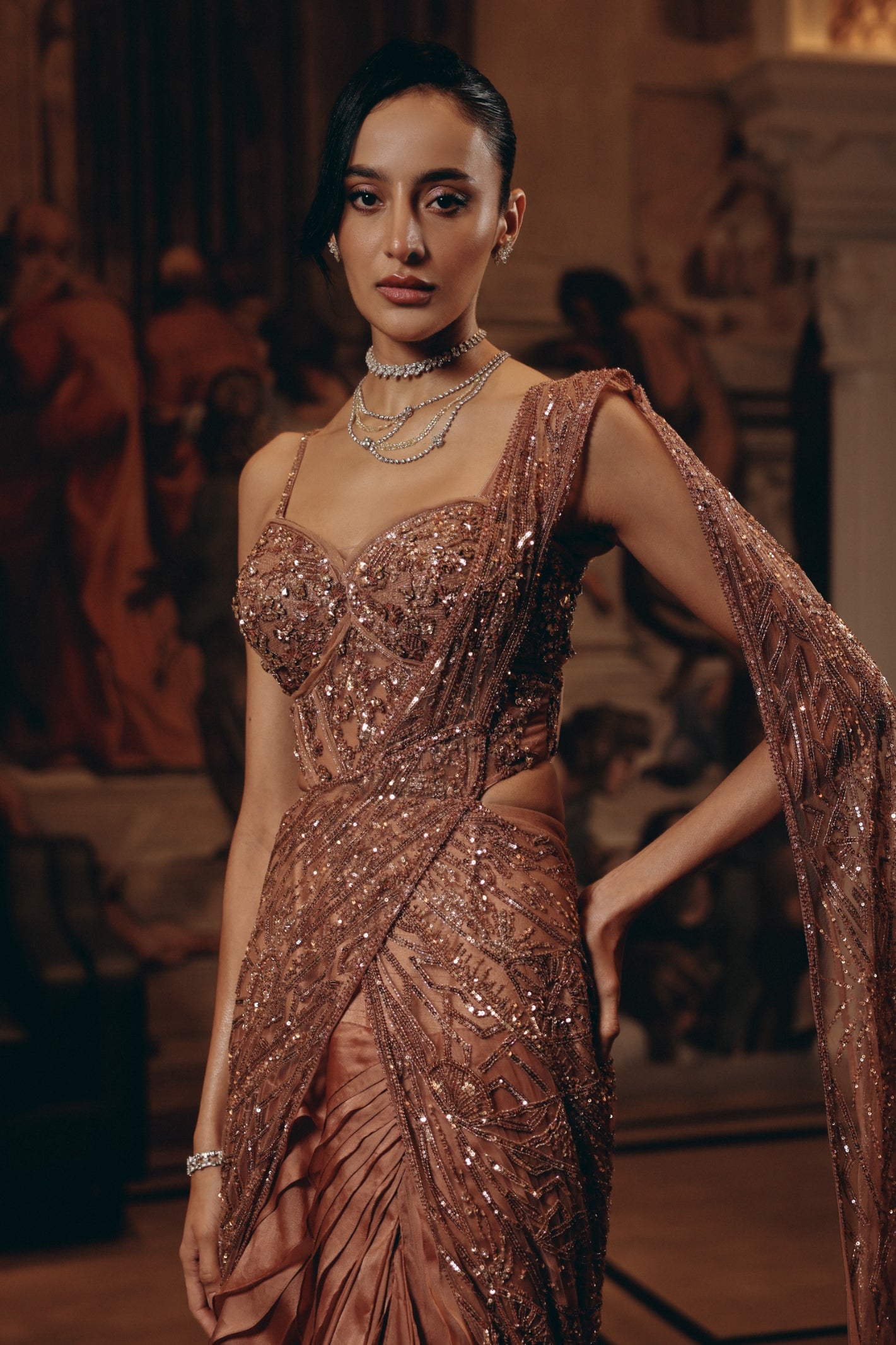 ROSE GOLD DRAPED RUFFLE SAREE