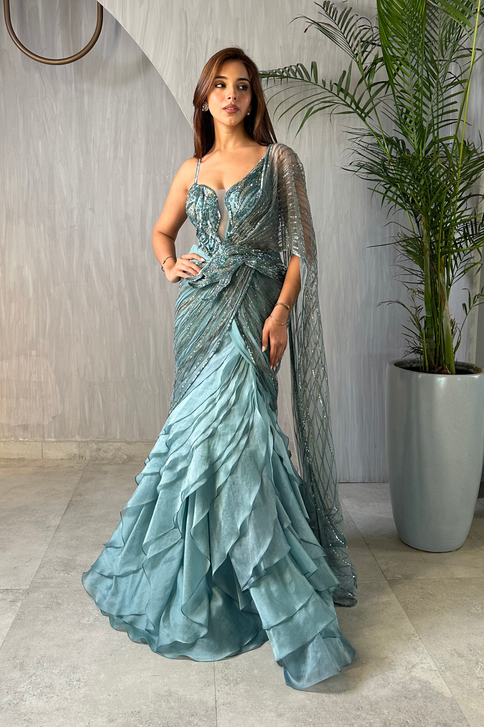 PRIYA DORA IN TWILIGHT TEAL STREAM SAREE