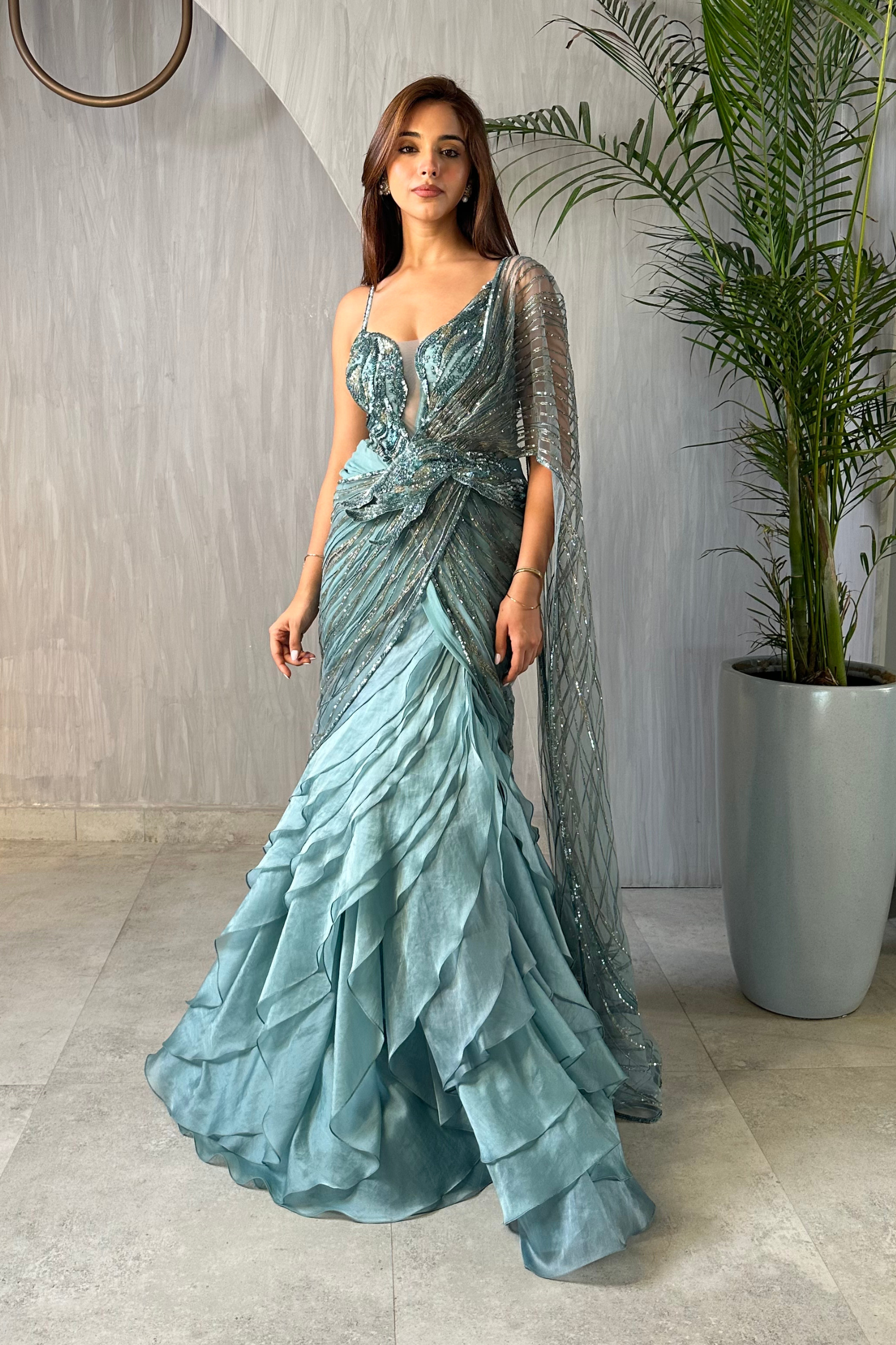 PRIYA DORA IN TWILIGHT TEAL STREAM SAREE