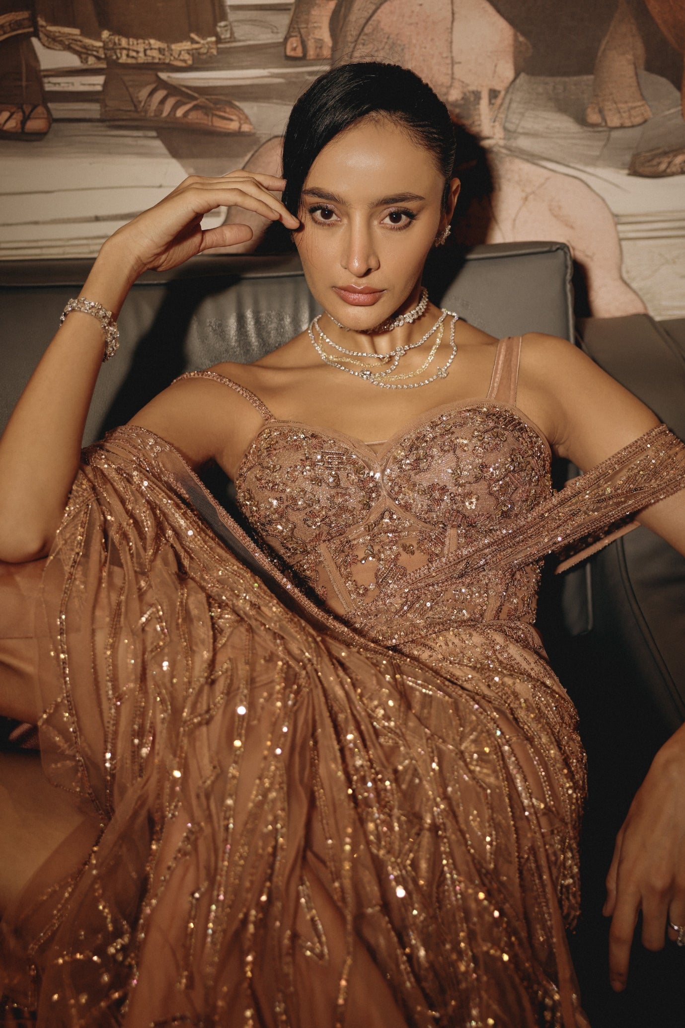 ROSE GOLD DRAPED RUFFLE SAREE