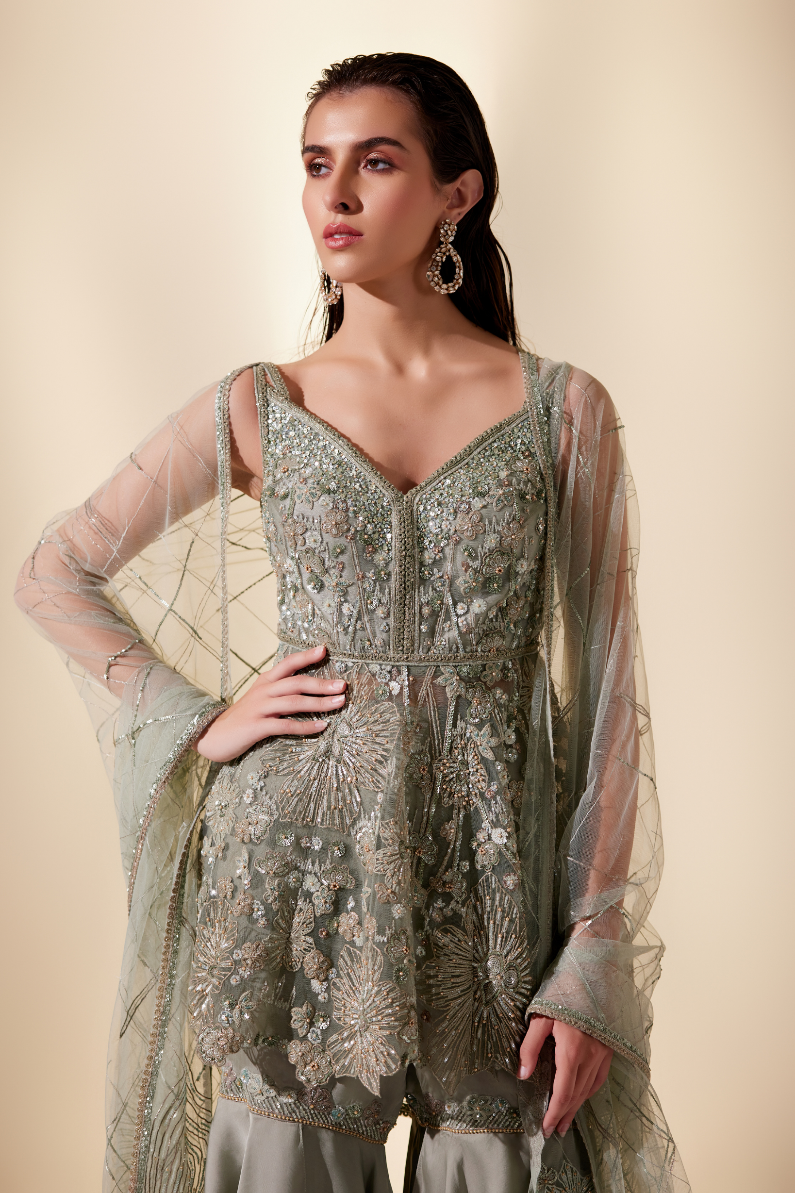 Enchanted mint Sharara set (Green sharara)