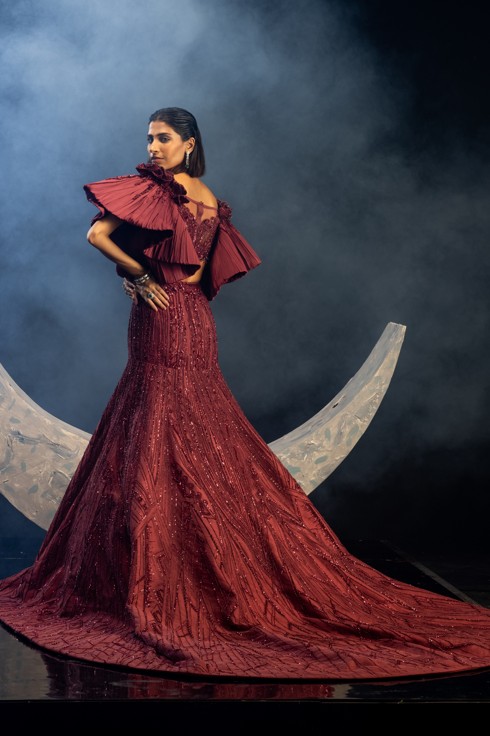 Wine Full Bloom Lehenga