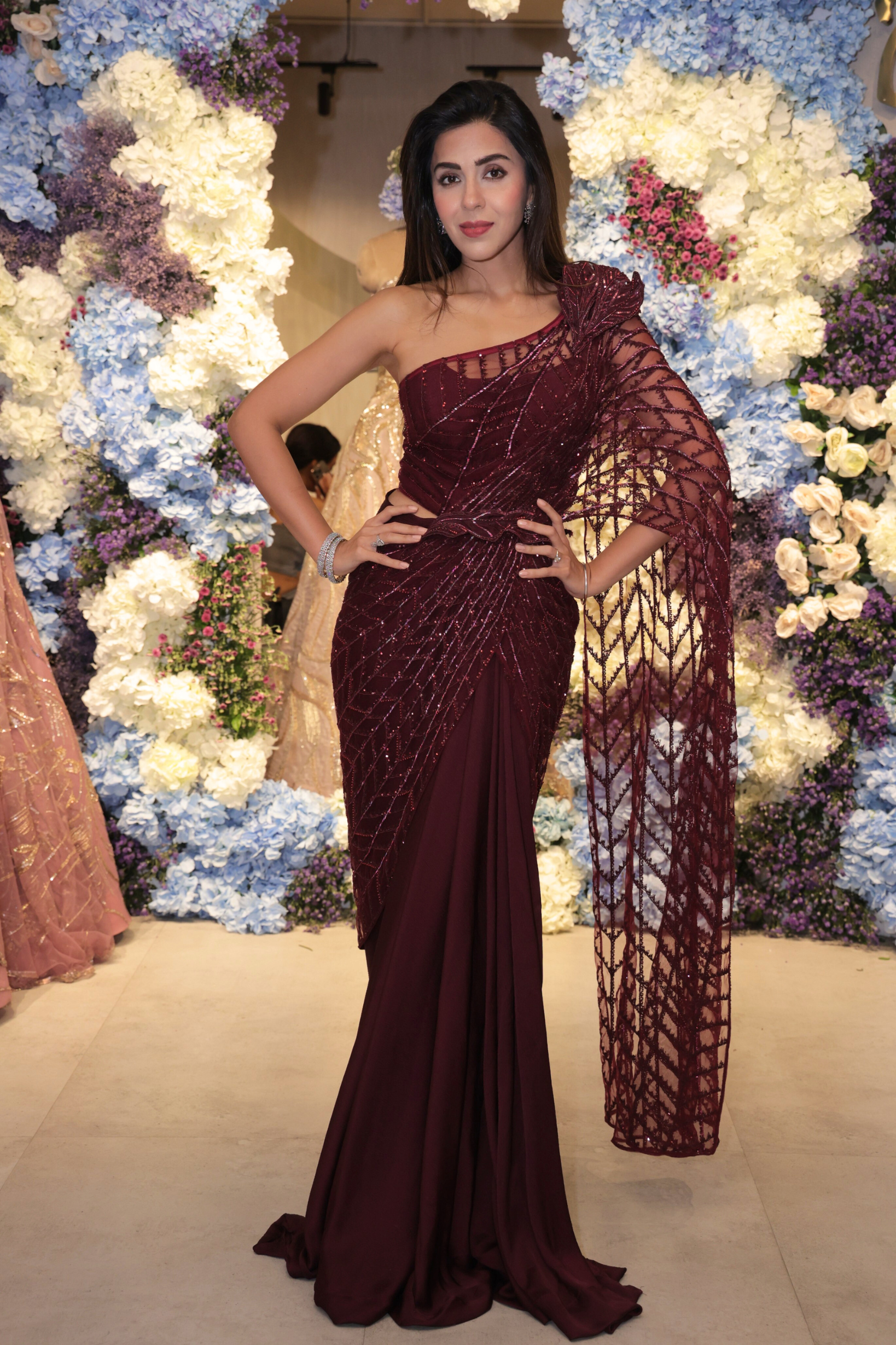 Bahaar Dhawan in Wine Crystal Drape Saree