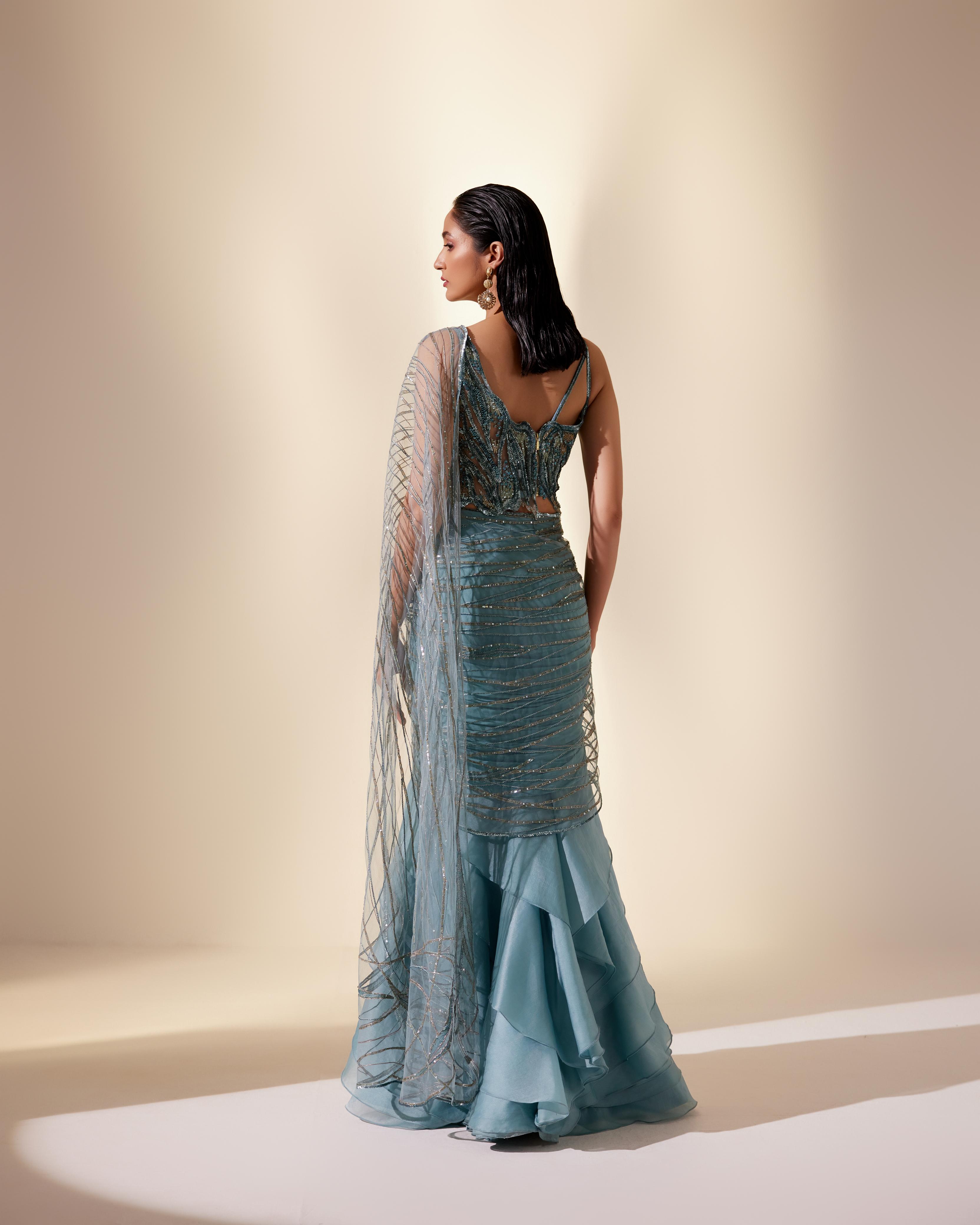 PRIYA DORA IN TWILIGHT TEAL STREAM SAREE