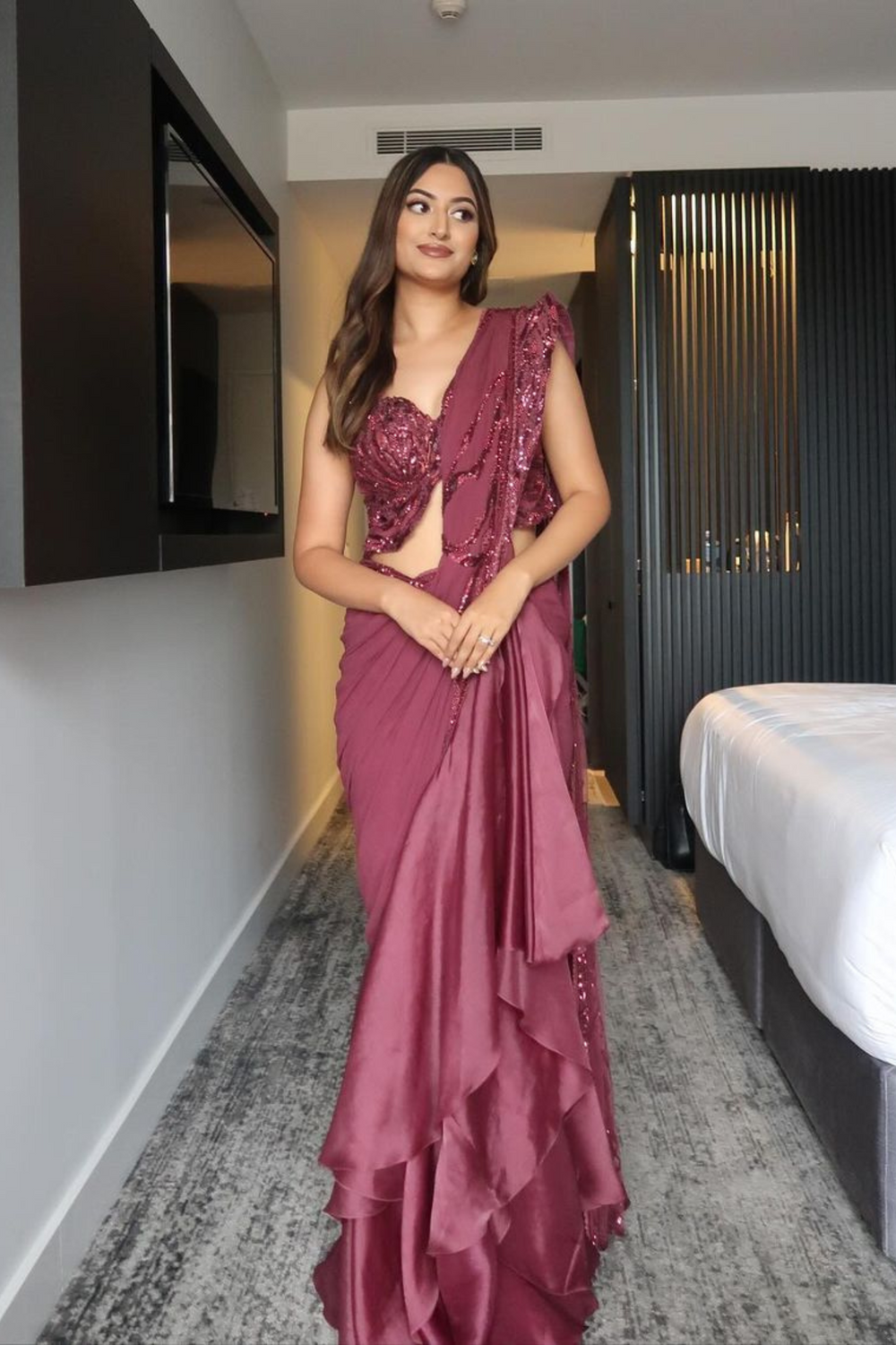 Rangoon Creeper Wine Linen Sari