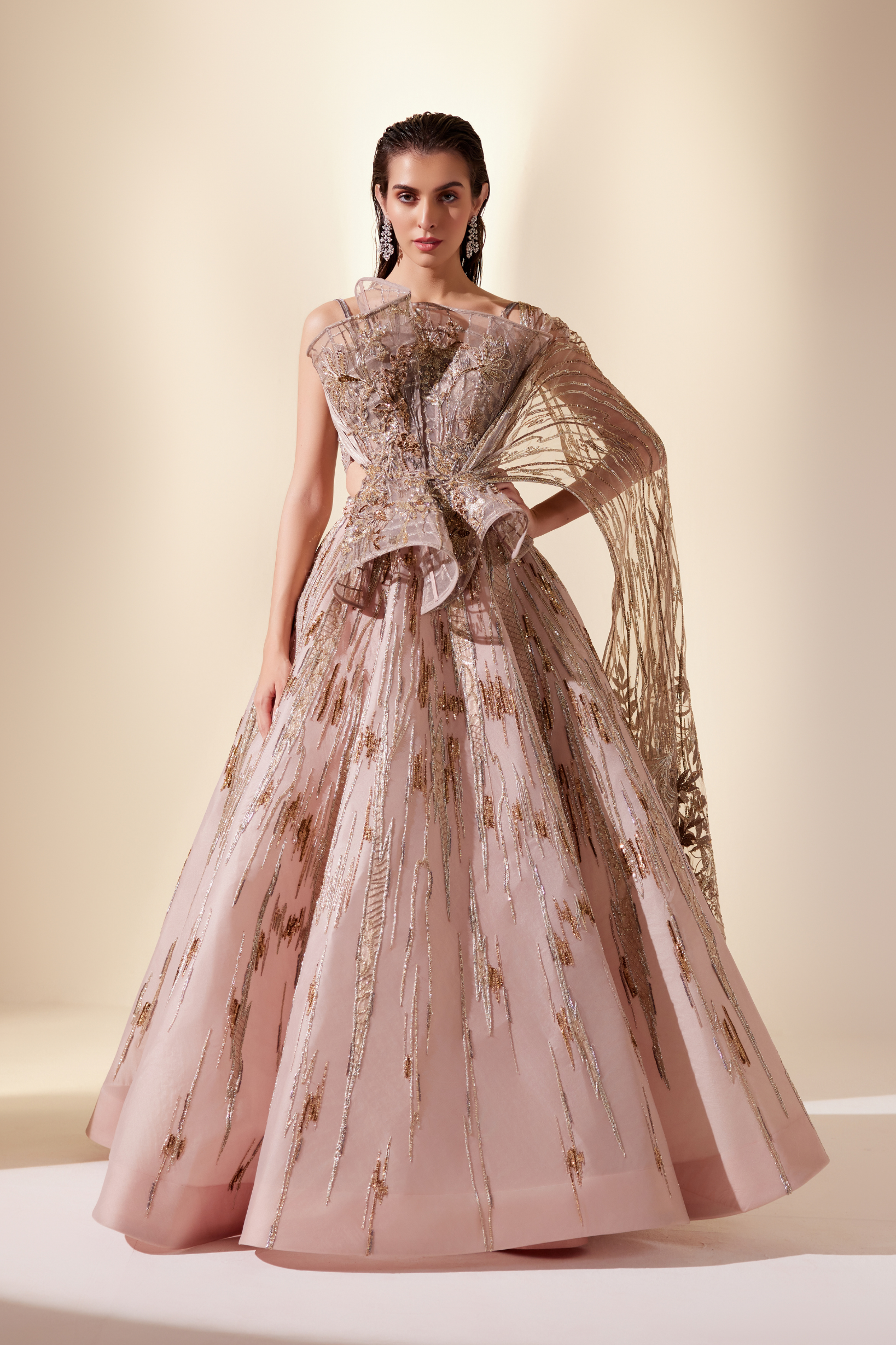 Peachy Cascade Lehenga Set