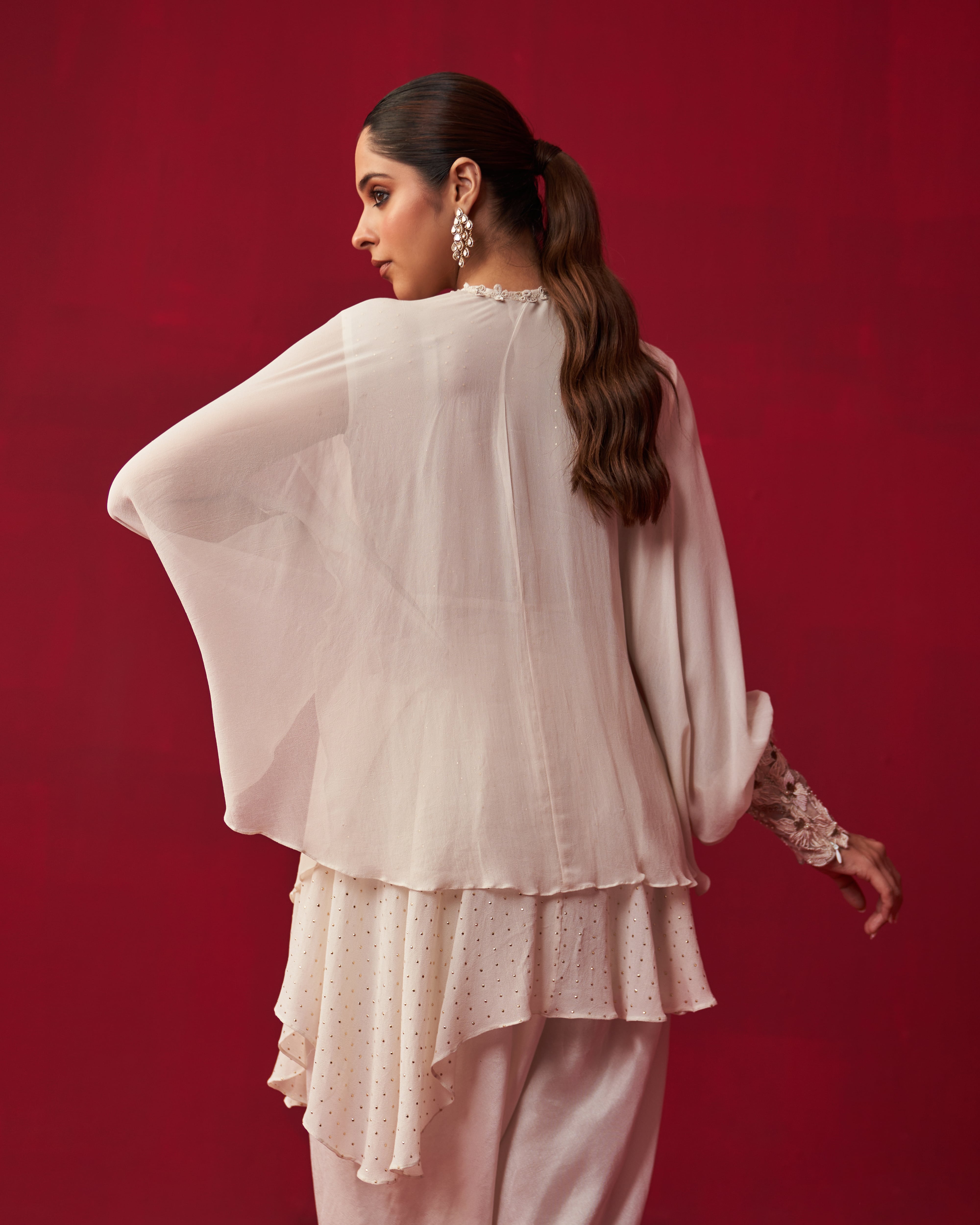 Pixelated Floral Ivory Top and Dhoti Set