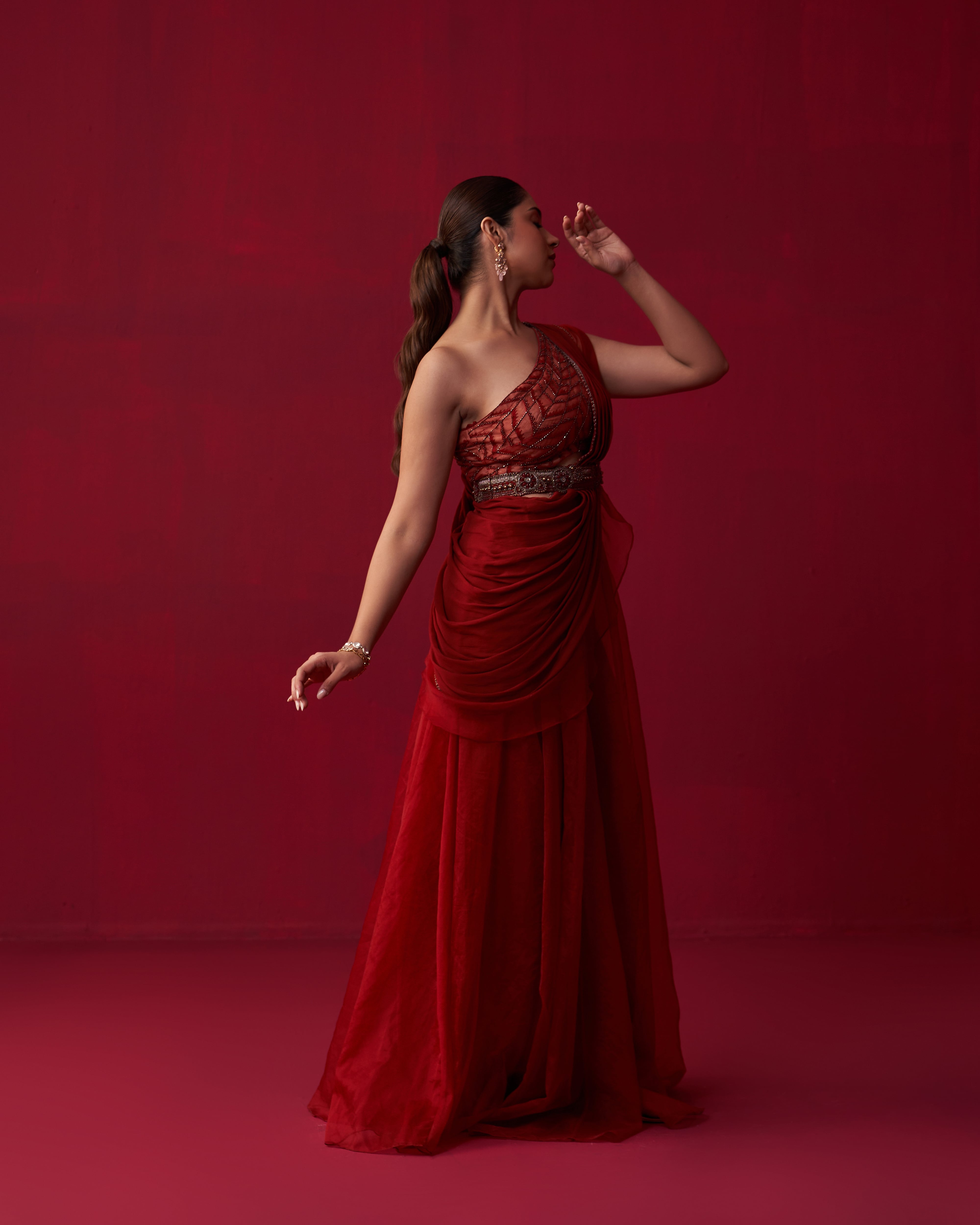 Red Glistening Waves Draped Top and Palazzo Set