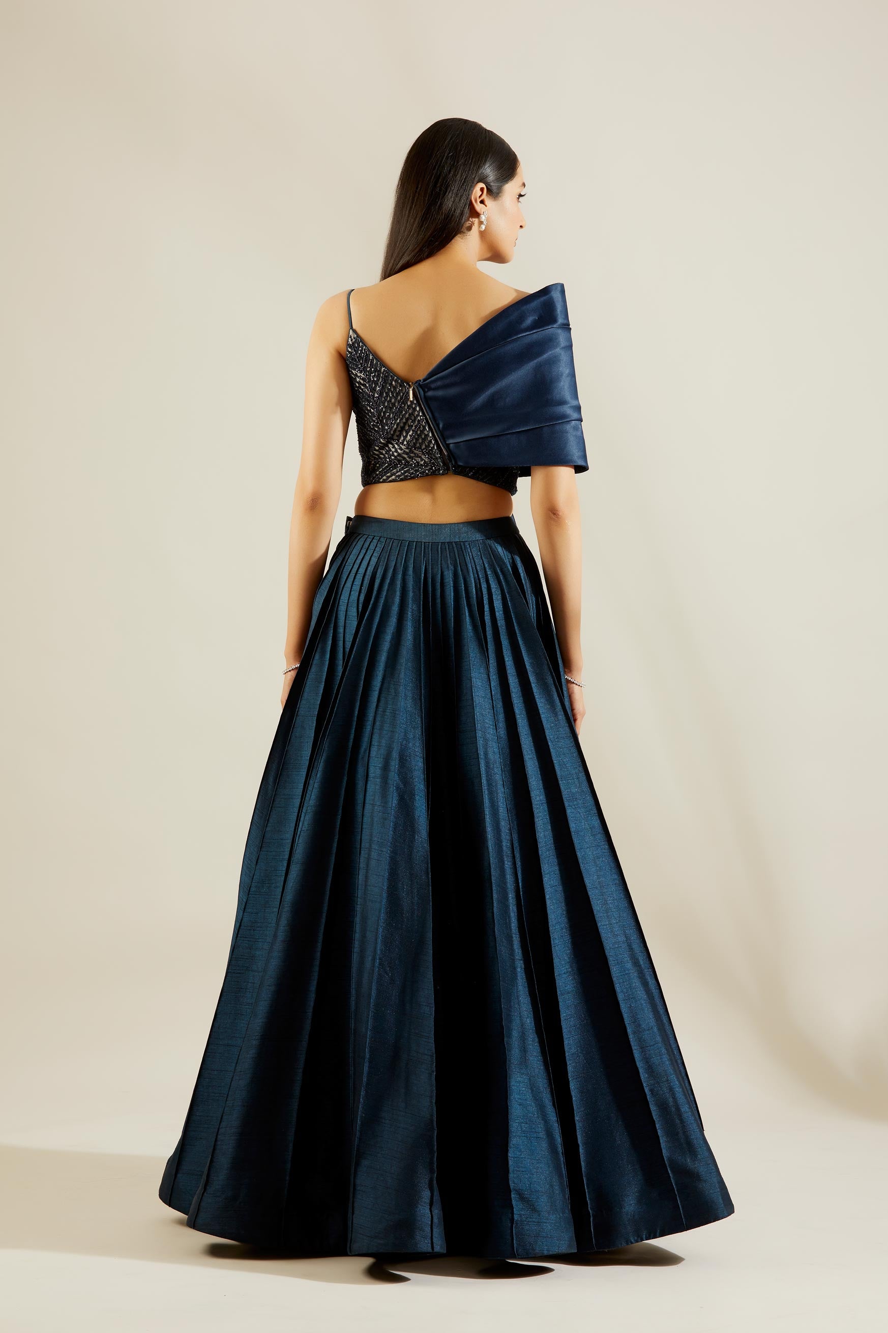 Midnight Blue Bow Blouse with Skirt