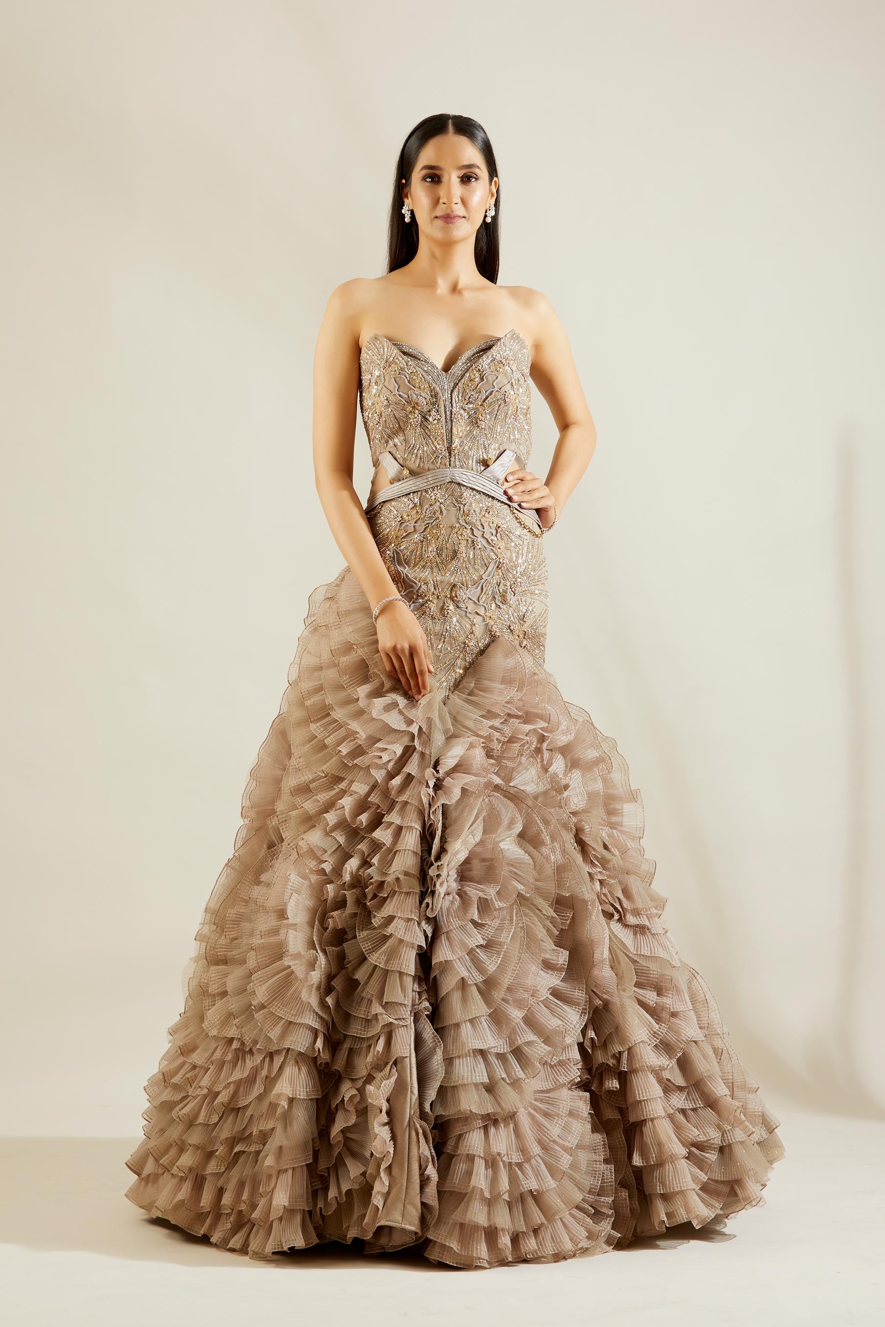 Beaded Gray Ball Gown V-neck Prom Dresses 67288 viniodress – Viniodress