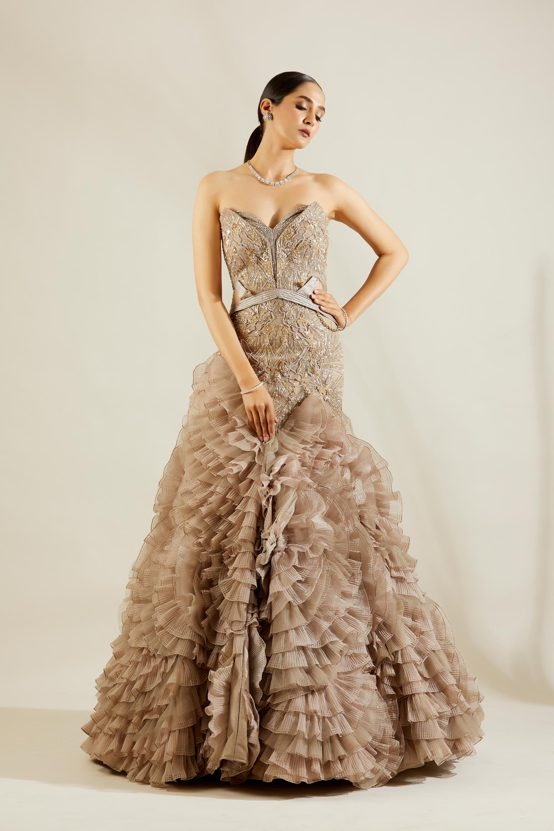 Abalone Grey and Gold Evening Gown