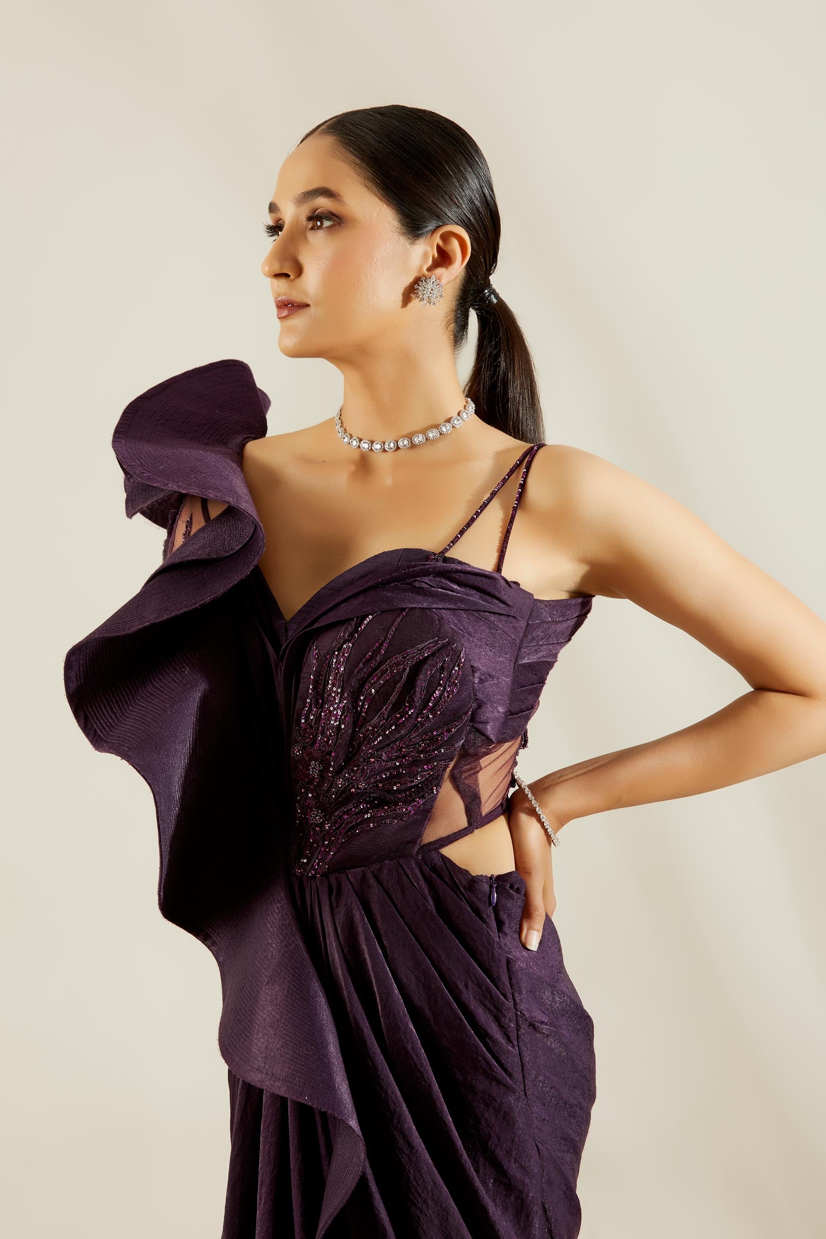 Purple One off Shoulder Saree Gown
